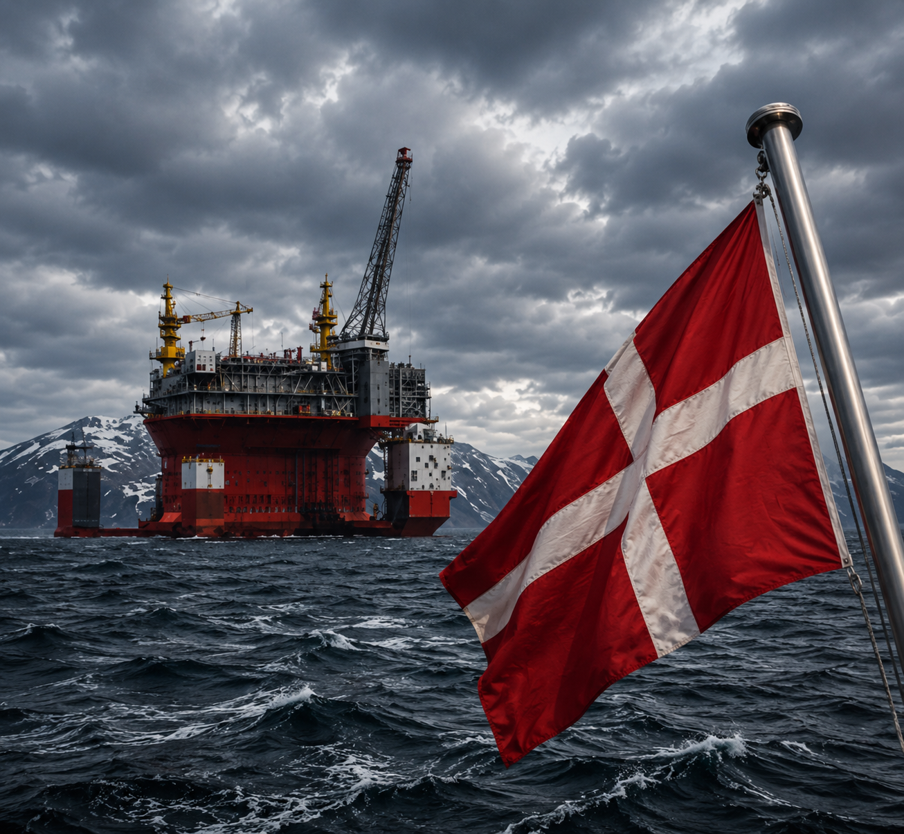 Union Jack flag waving on a pole over choppy sea with an orange offshore oil platform near snowy mountains.