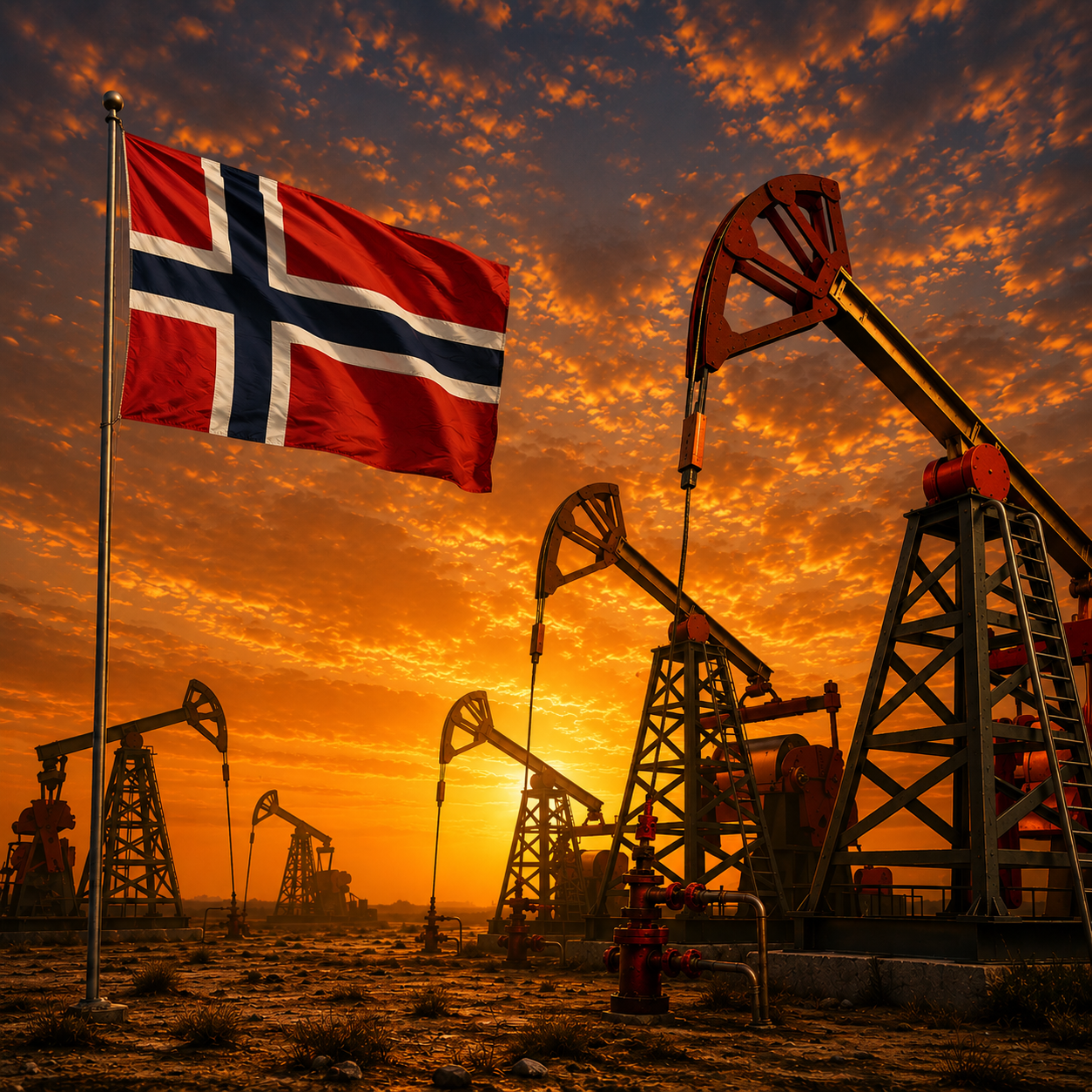 Oil pump jacks in a field at sunset with a Union Jack flag on a pole in the foreground.