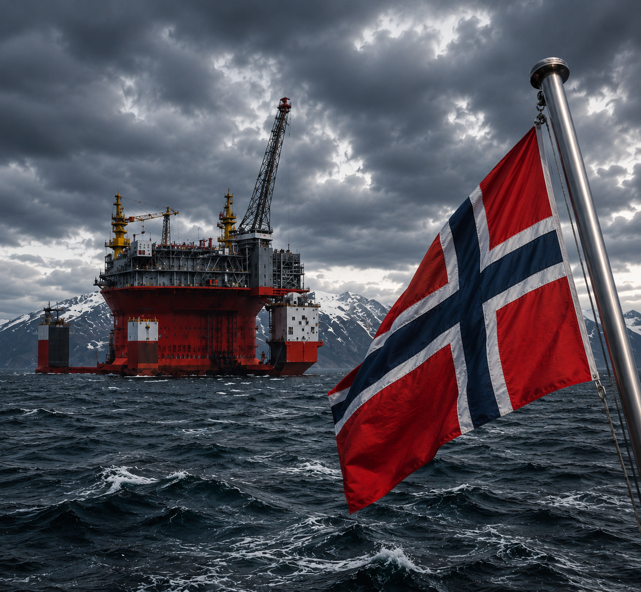Union Jack flag waving on a pole over choppy sea with an orange offshore oil platform near snowy mountains.