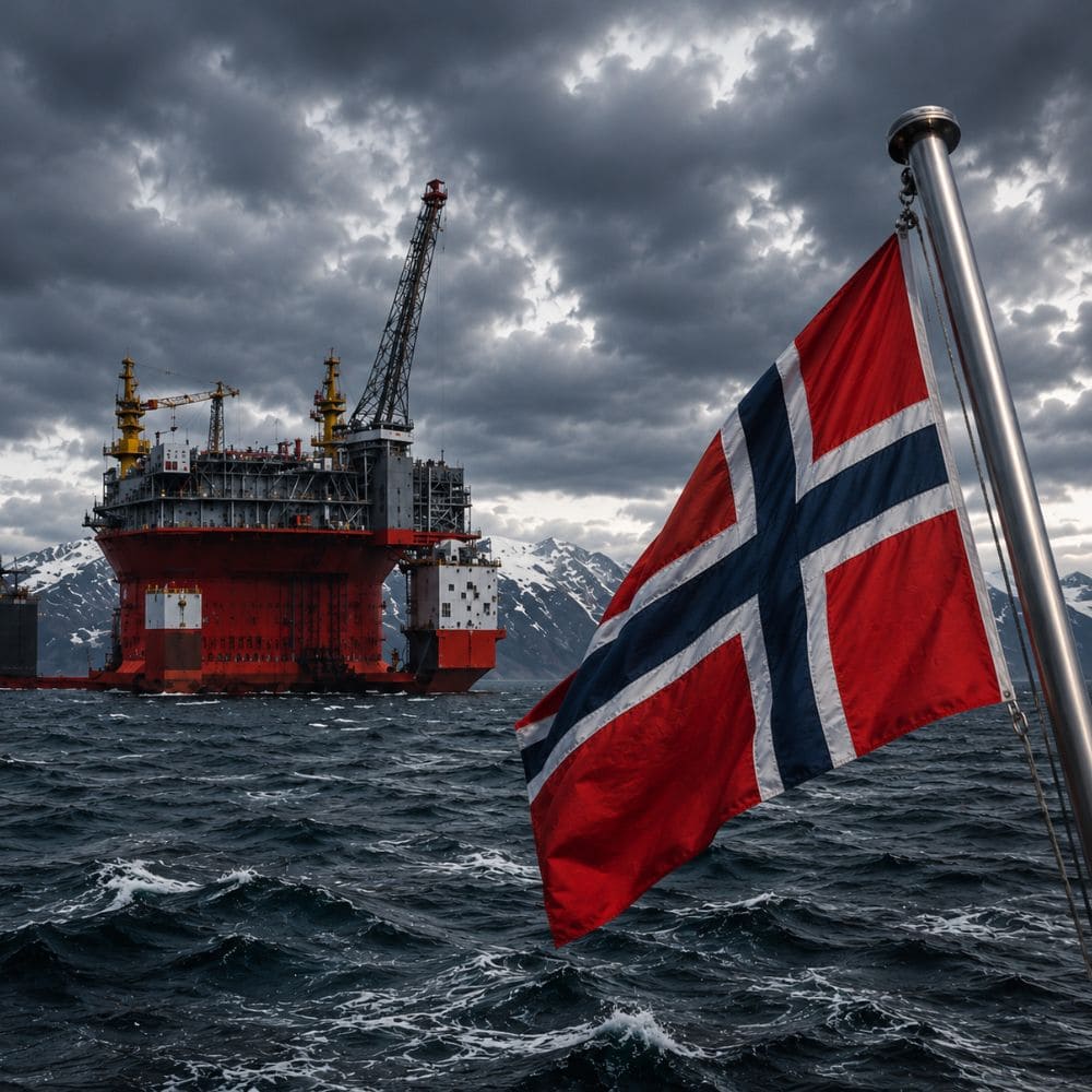 Union Jack flag waving on a pole over choppy sea with an orange offshore oil platform near snowy mountains.