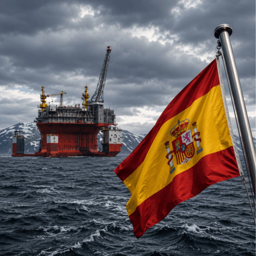 Union Jack flag waving on a pole over choppy sea with an orange offshore oil platform near snowy mountains.