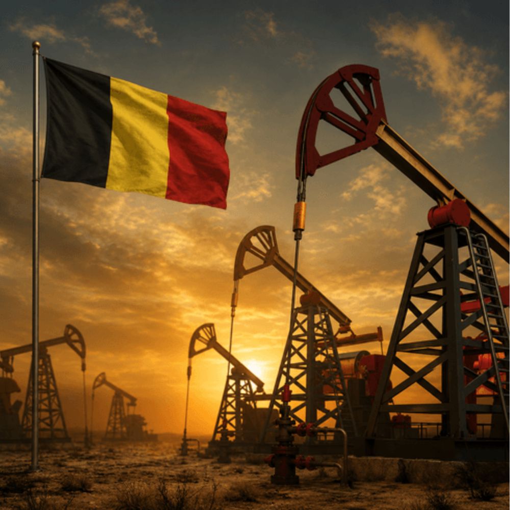 Oil pump jacks in a field at sunset with a Union Jack flag on a pole in the foreground.
