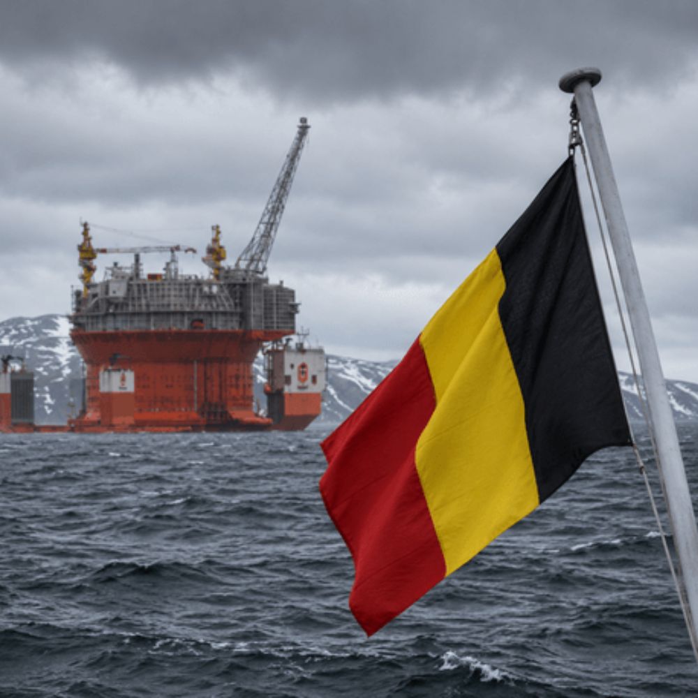 Union Jack flag waving on a pole over choppy sea with an orange offshore oil platform near snowy mountains.