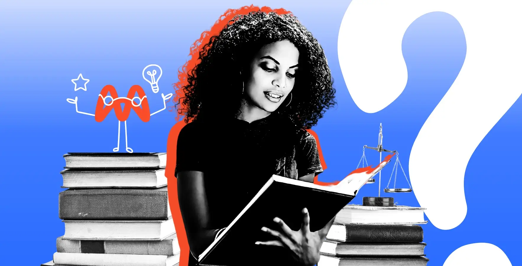 Femme lisant un carnet entourée de livres, avec une balance illustrant l’évaluation d’idées innovantes entre intuition et rigueur.