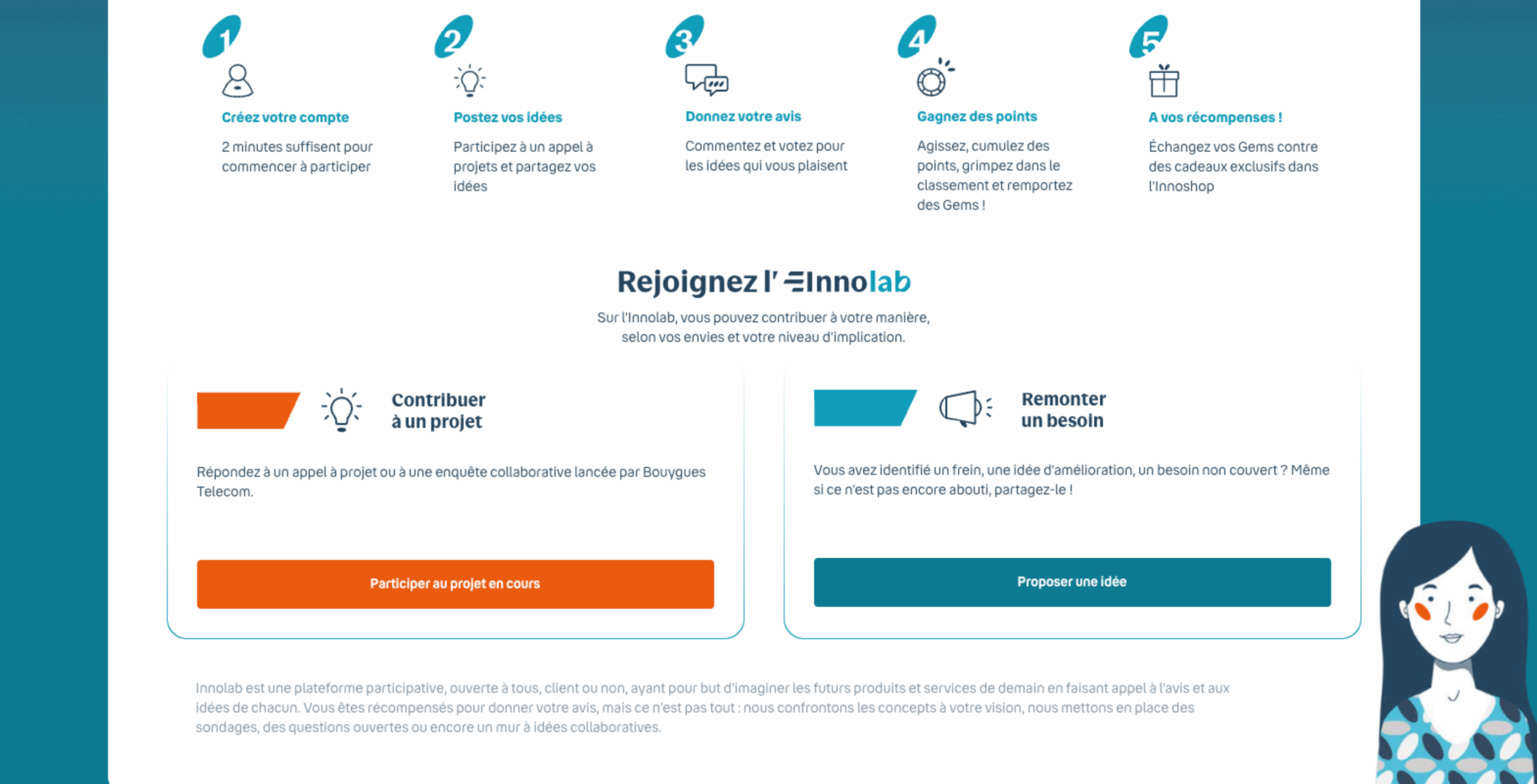 Interface de l’Innolab présentant les étapes de participation et les appels à projets collaboratifs lancés par Bouygues Telecom.