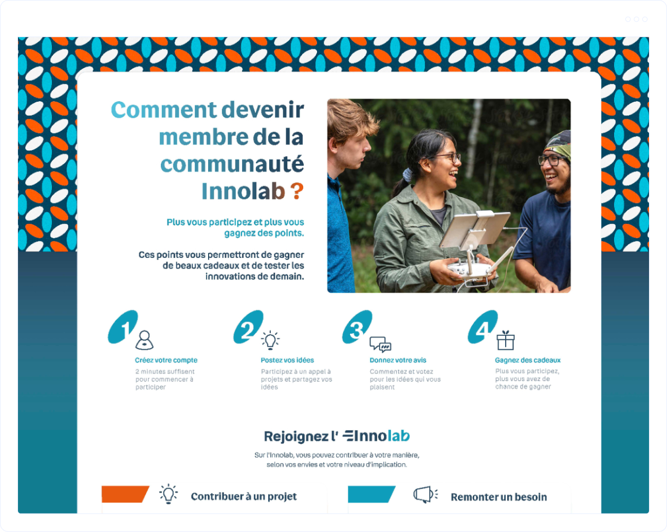 Interface de l’Innolab présentant les étapes de participation et les appels à projets collaboratifs lancés par Bouygues Telecom.