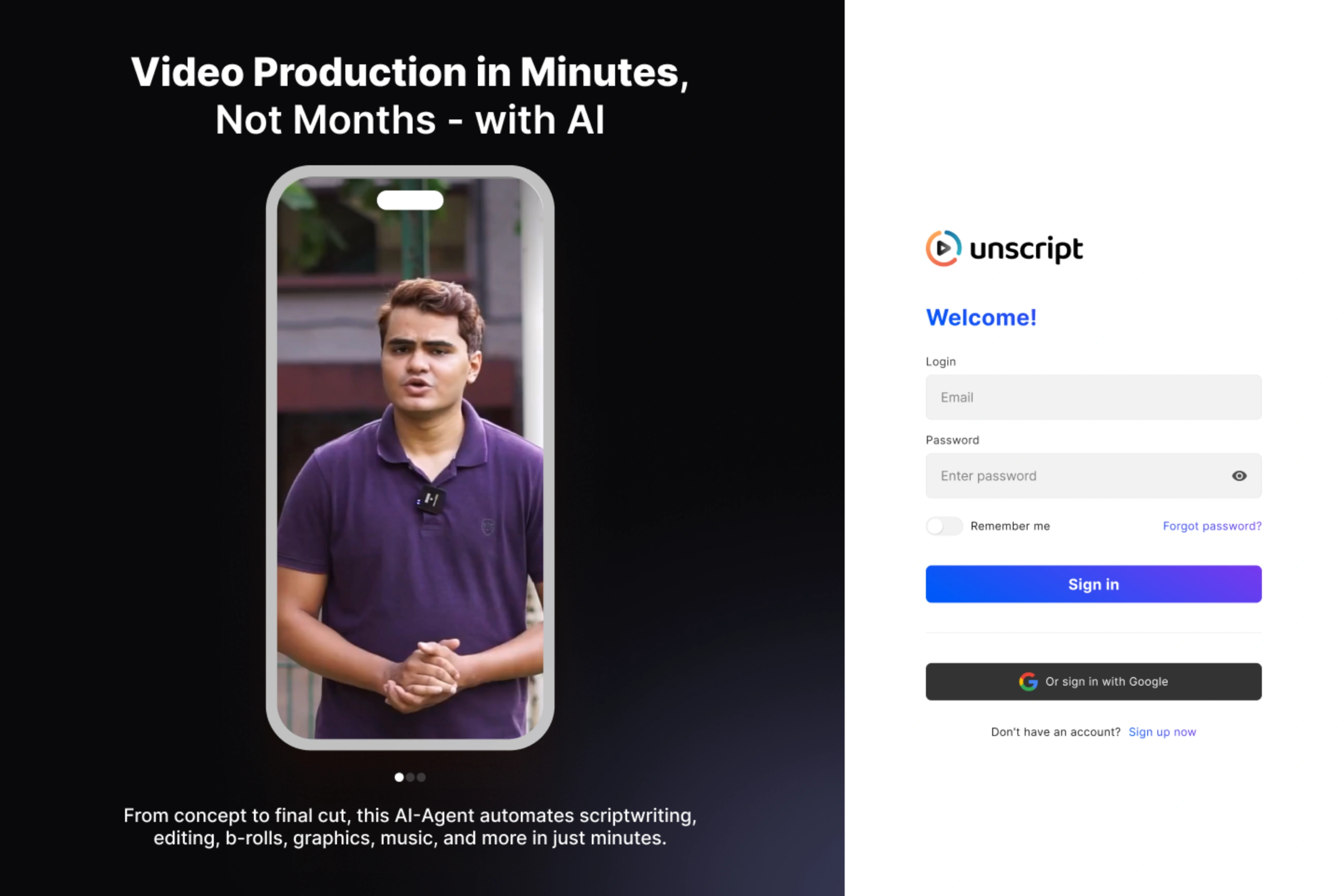 Create an Account on Unscript AI Video Agent