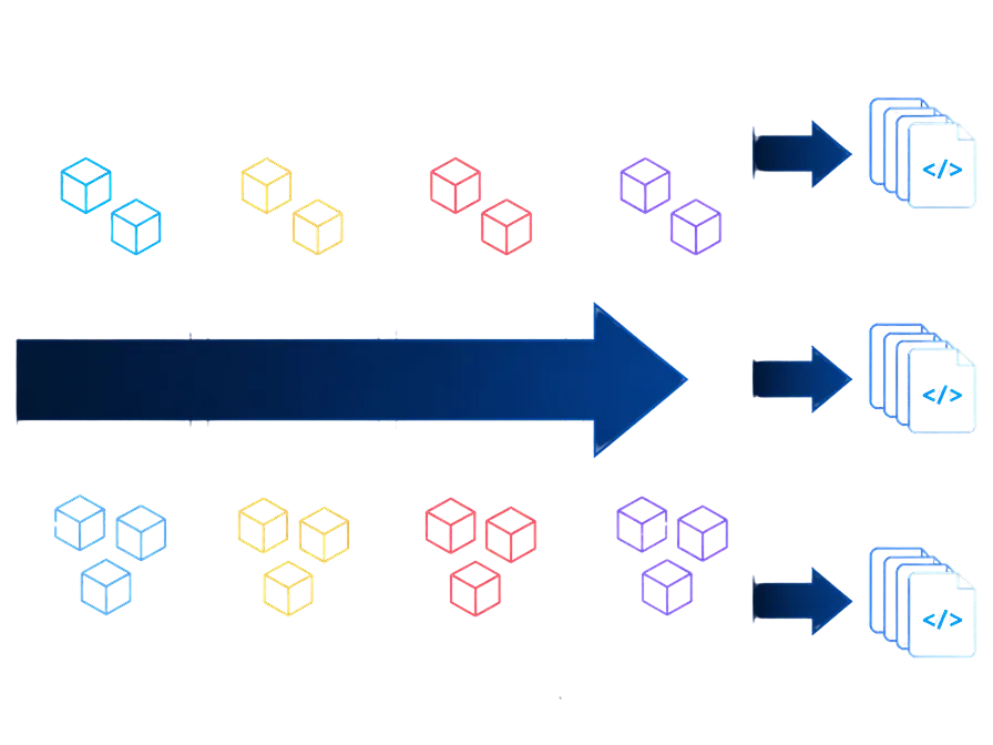 Diagram showing increasing sets of colored cubes merging into larger groups leading to stacks of files with DNA icons.
