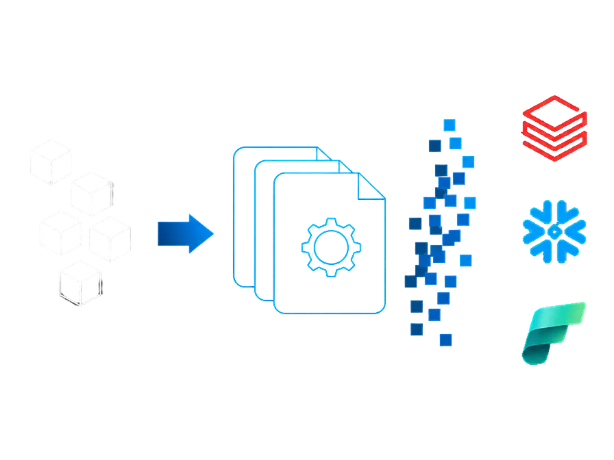 Illustration of blocks converting into files with gear icons, then digital squares leading to cloud database logos.