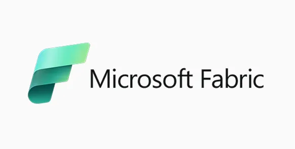 Microsoft Fabric logo with a stylized, folded ribbon design in green and teal next to the text.