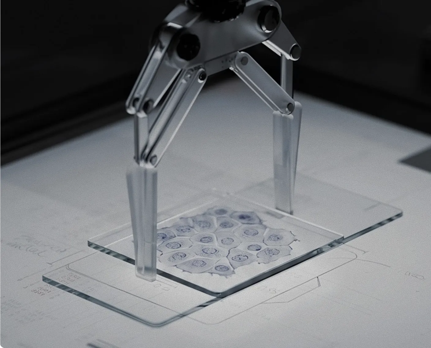 Robotic laboratory gripper positioned over a glass plate containing microscopic cell samples.