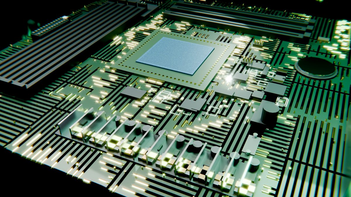 A green circuit board with a central processor and glowing components.