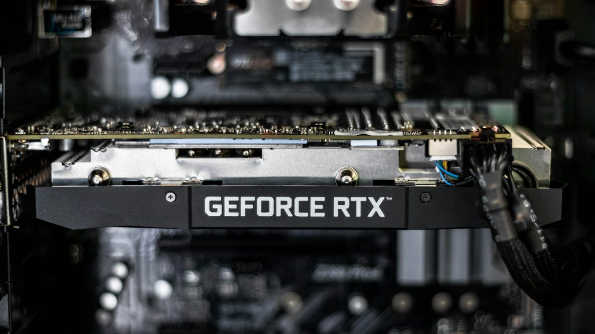 An Nvidia GeForce RTX graphics card inside a computer.