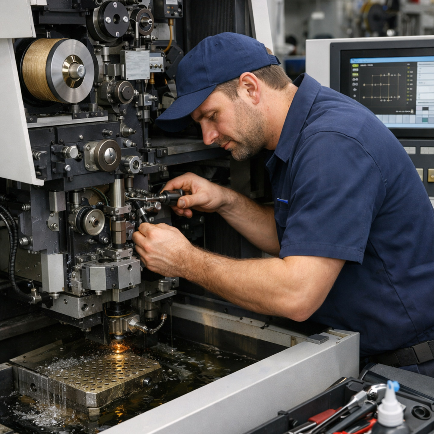EDM Worker servicing EDM machine