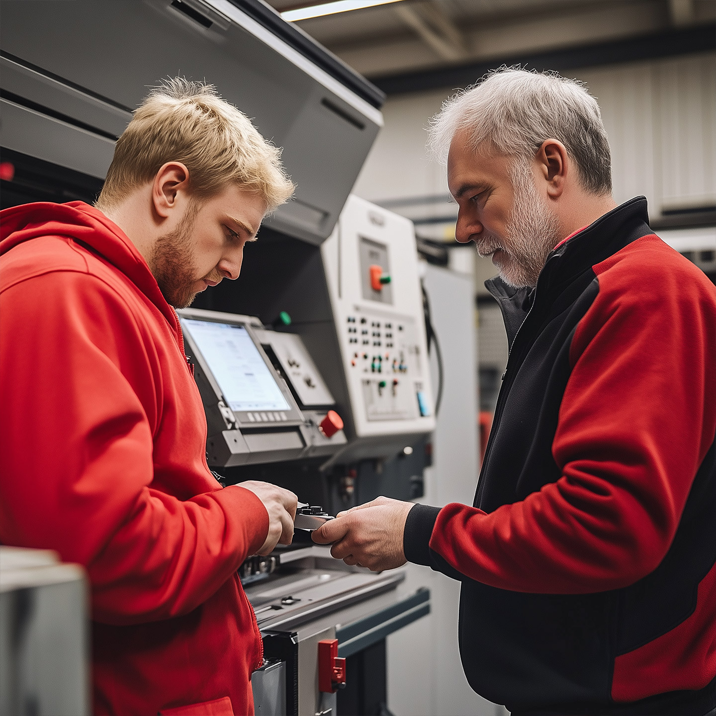 Two workers mid discussion