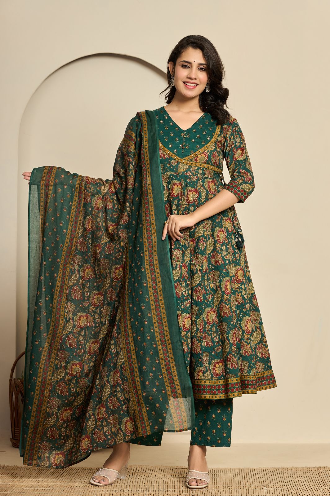 Green cotton printed anarkali kurta set