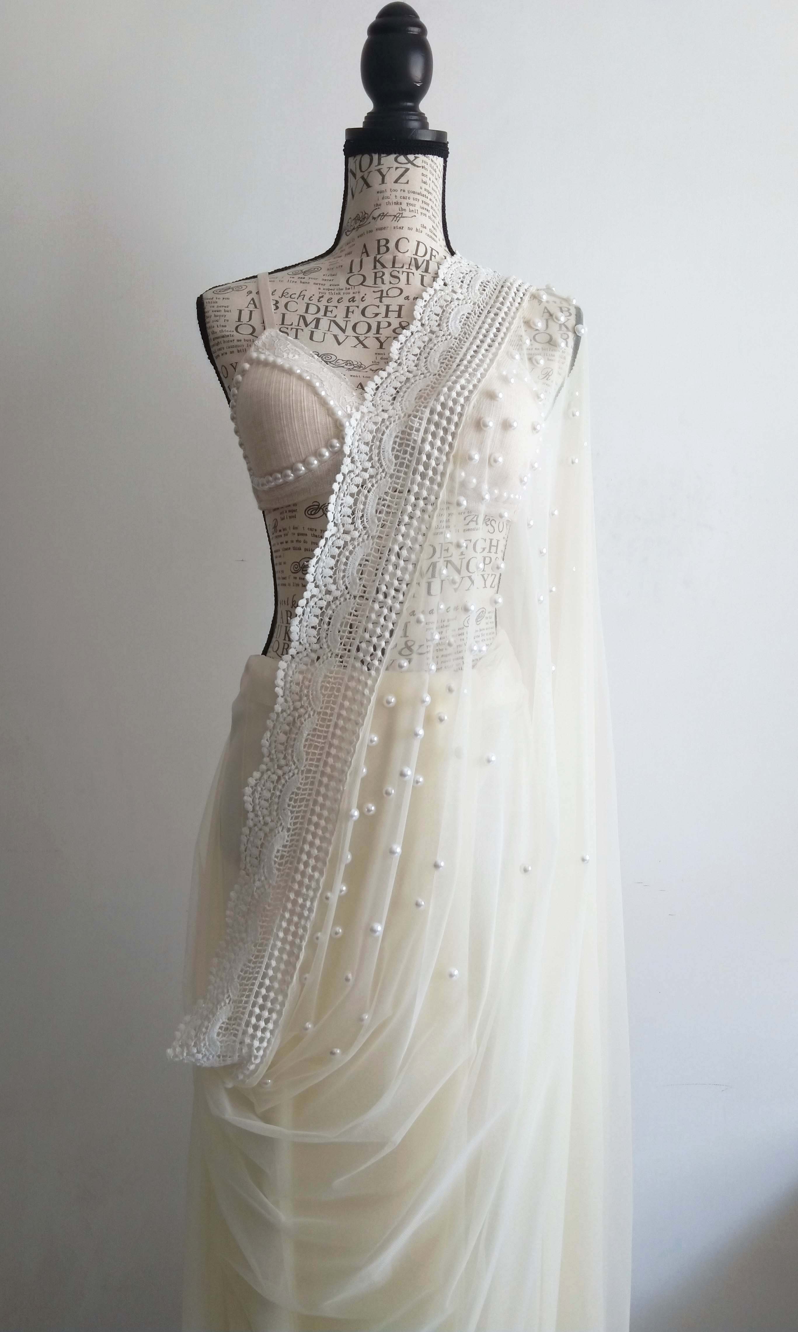 Pearl Tulle Sari | Beaded & Crocheted Soft Tulle