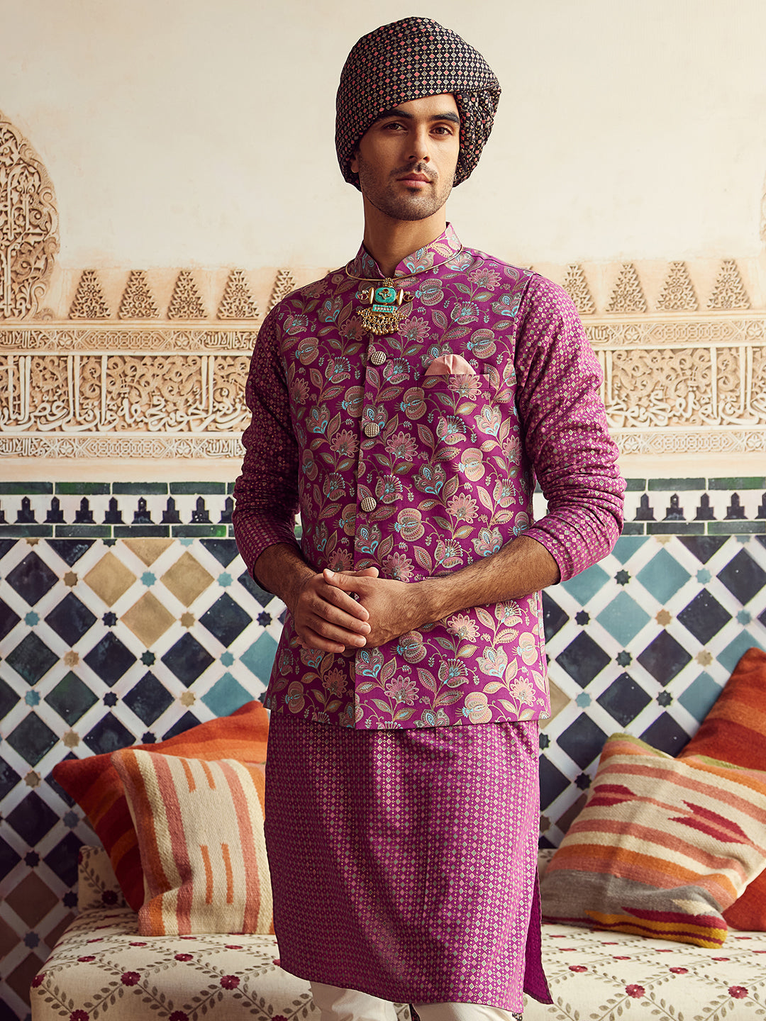 Hot Pink Printed Kurta Jacket Churidar Set