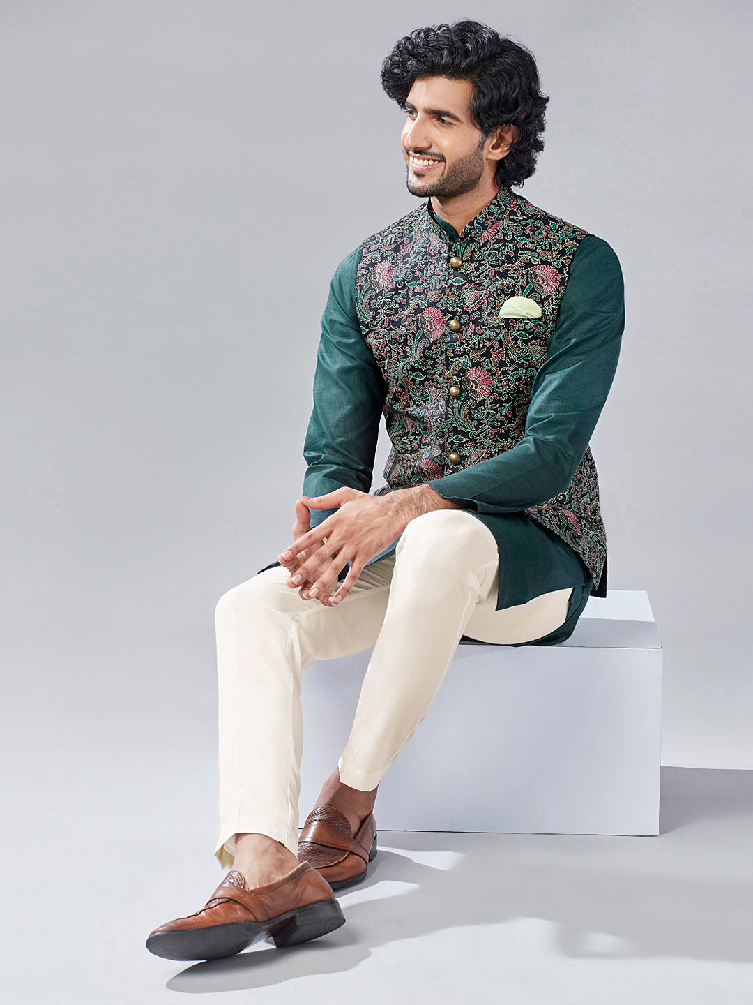 Multi-Coloured Printed Kurta with Jacket and Trouser Set