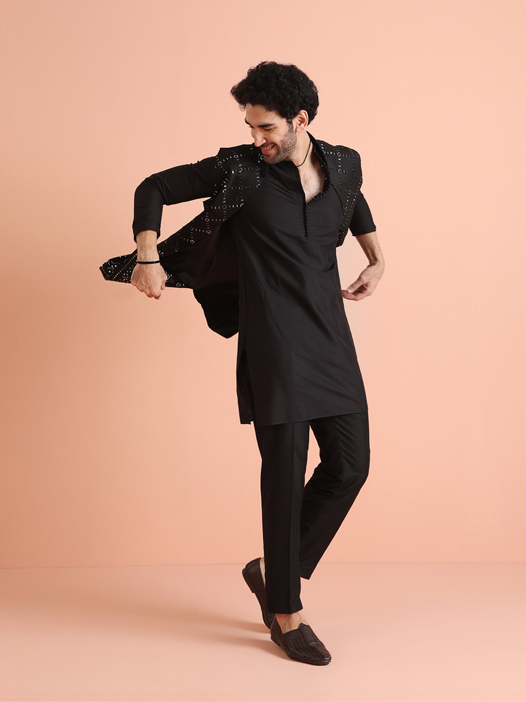 Black Embroidered Kurta Jacket Trousers Set