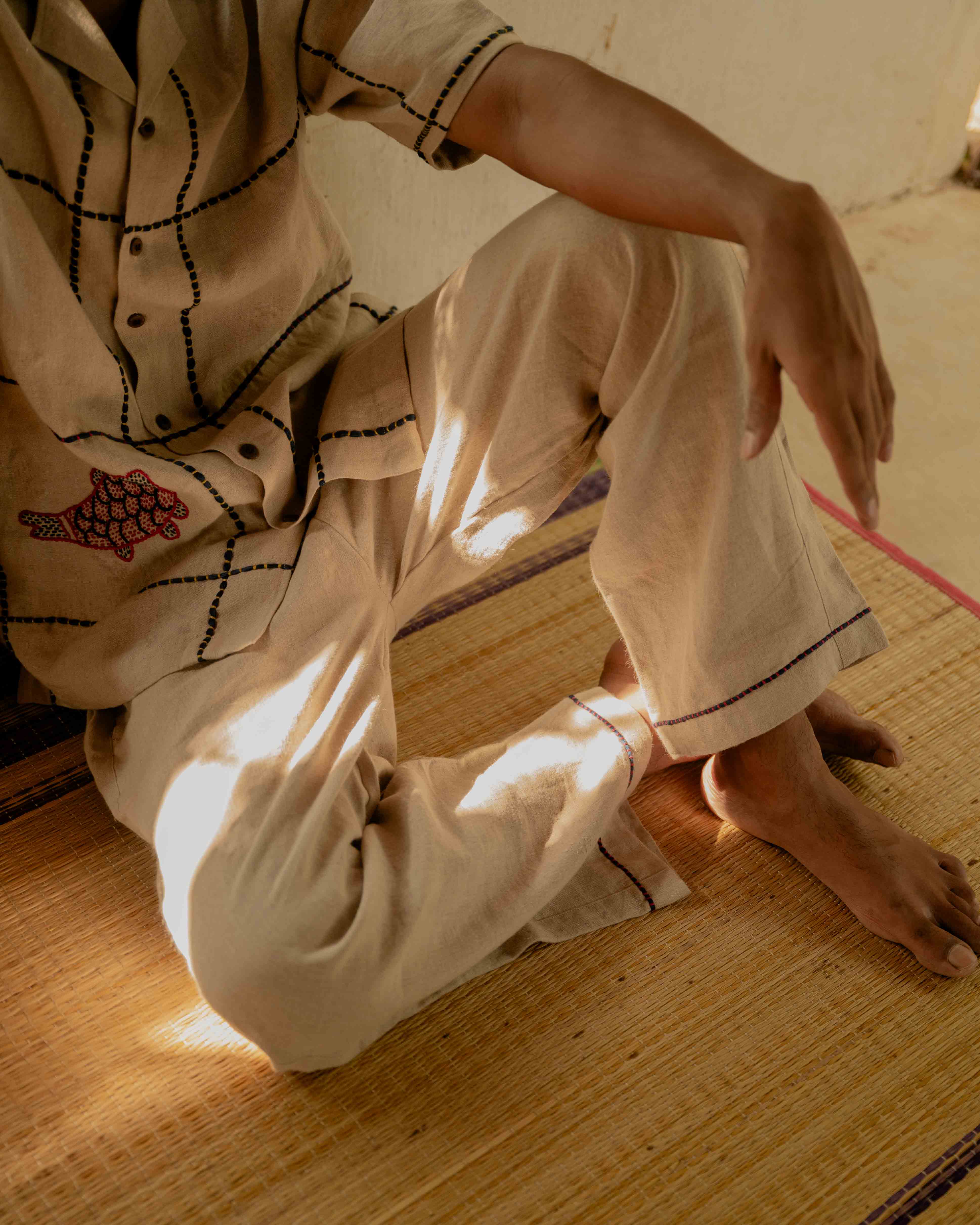 Beige Linen Lounge Pants with Embroidered Edges