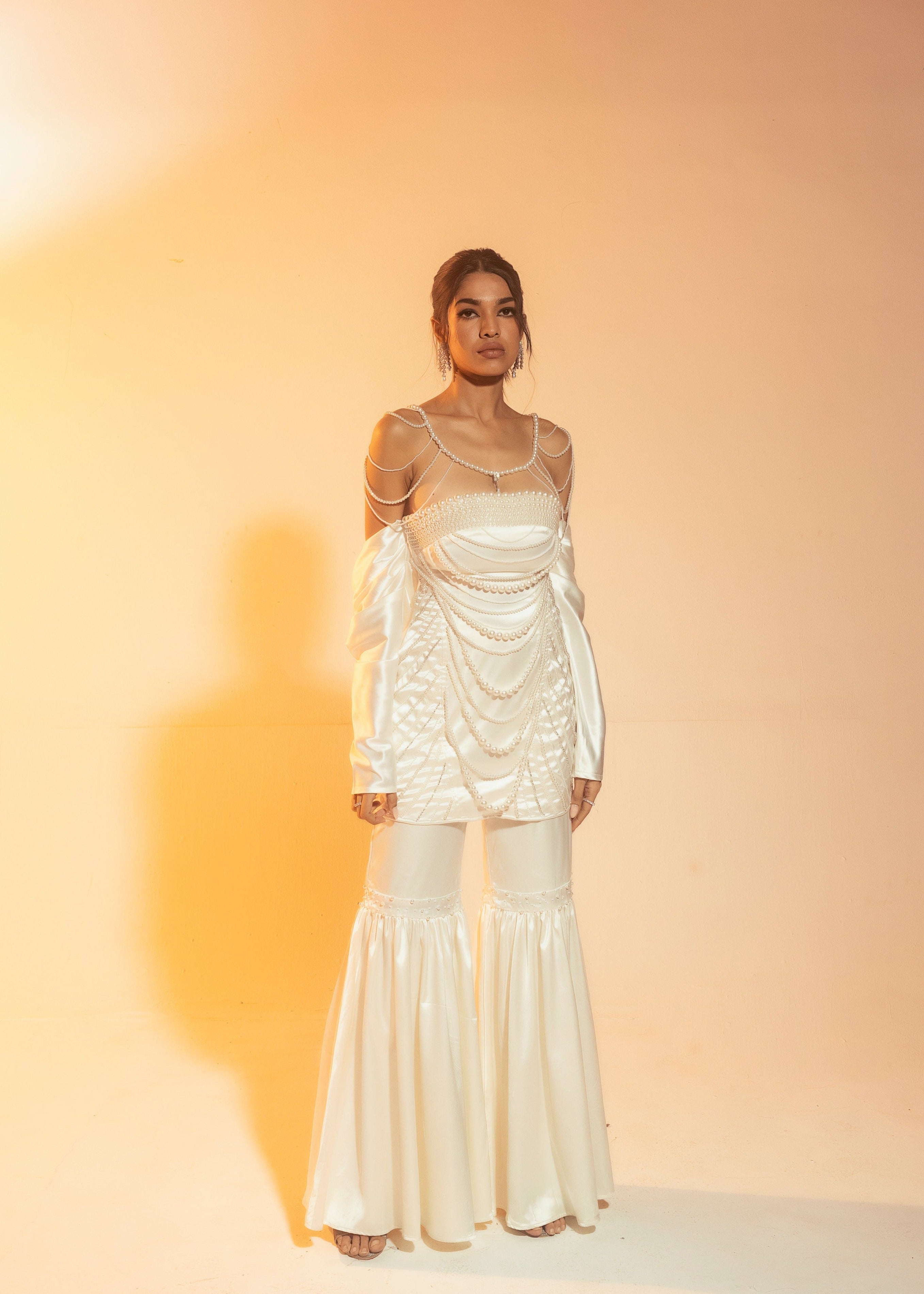 Nadira White Pearl Hand-Embroidered Sharara Set