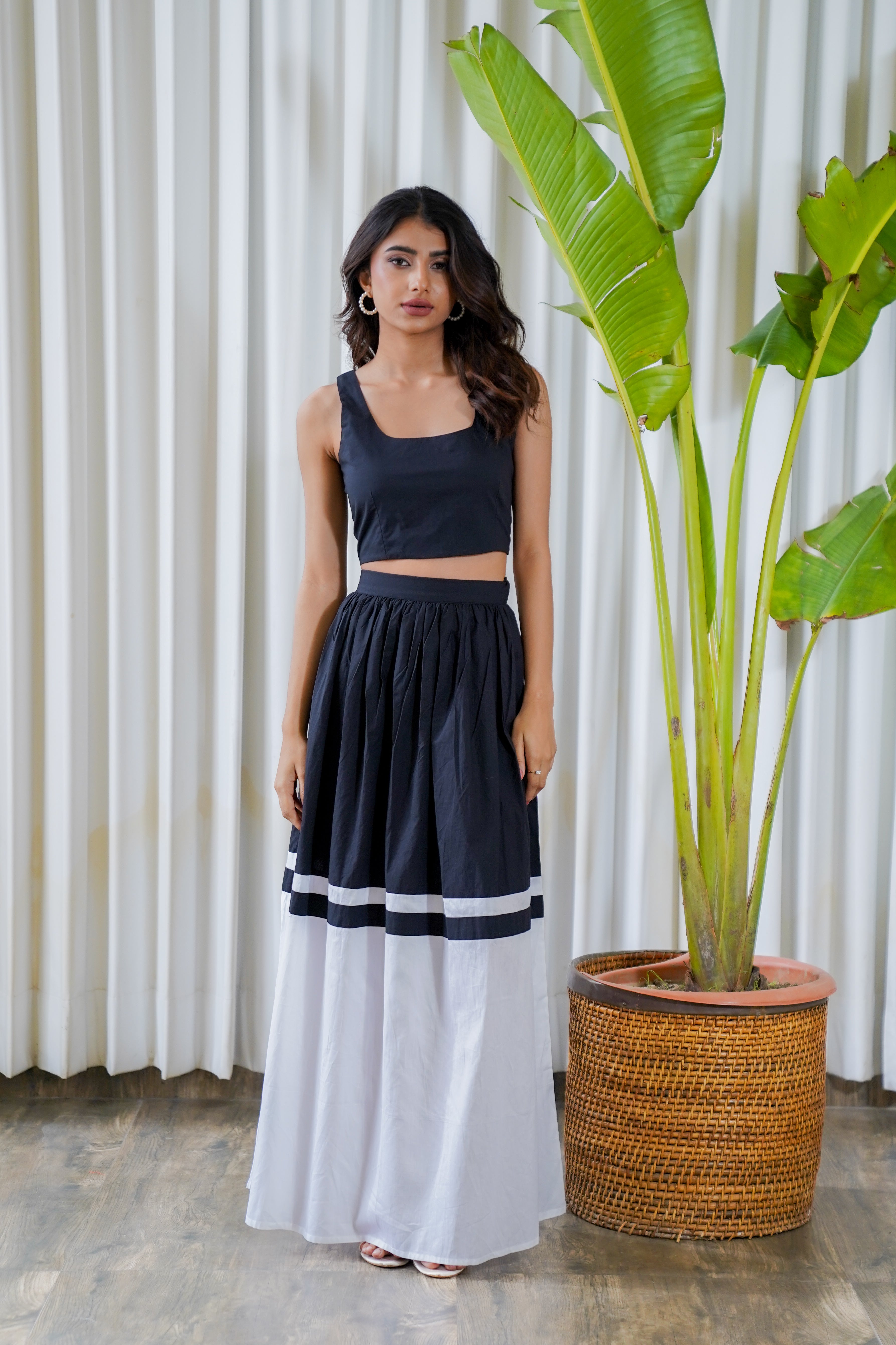 B&W Color Block Skirt with Sleeveless Crop Top Co-Ord Set