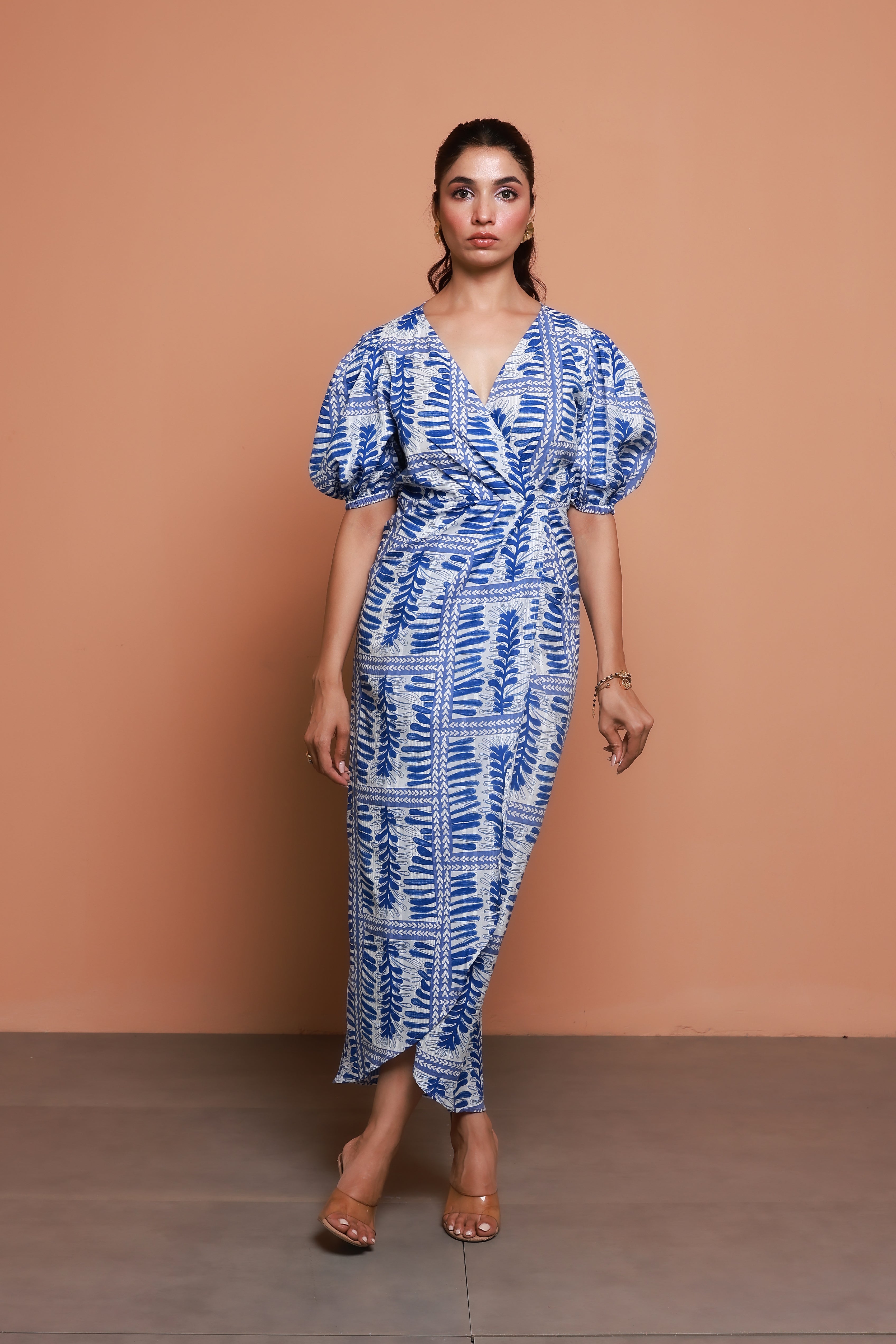 Blue Geometric Print Drape Maxi