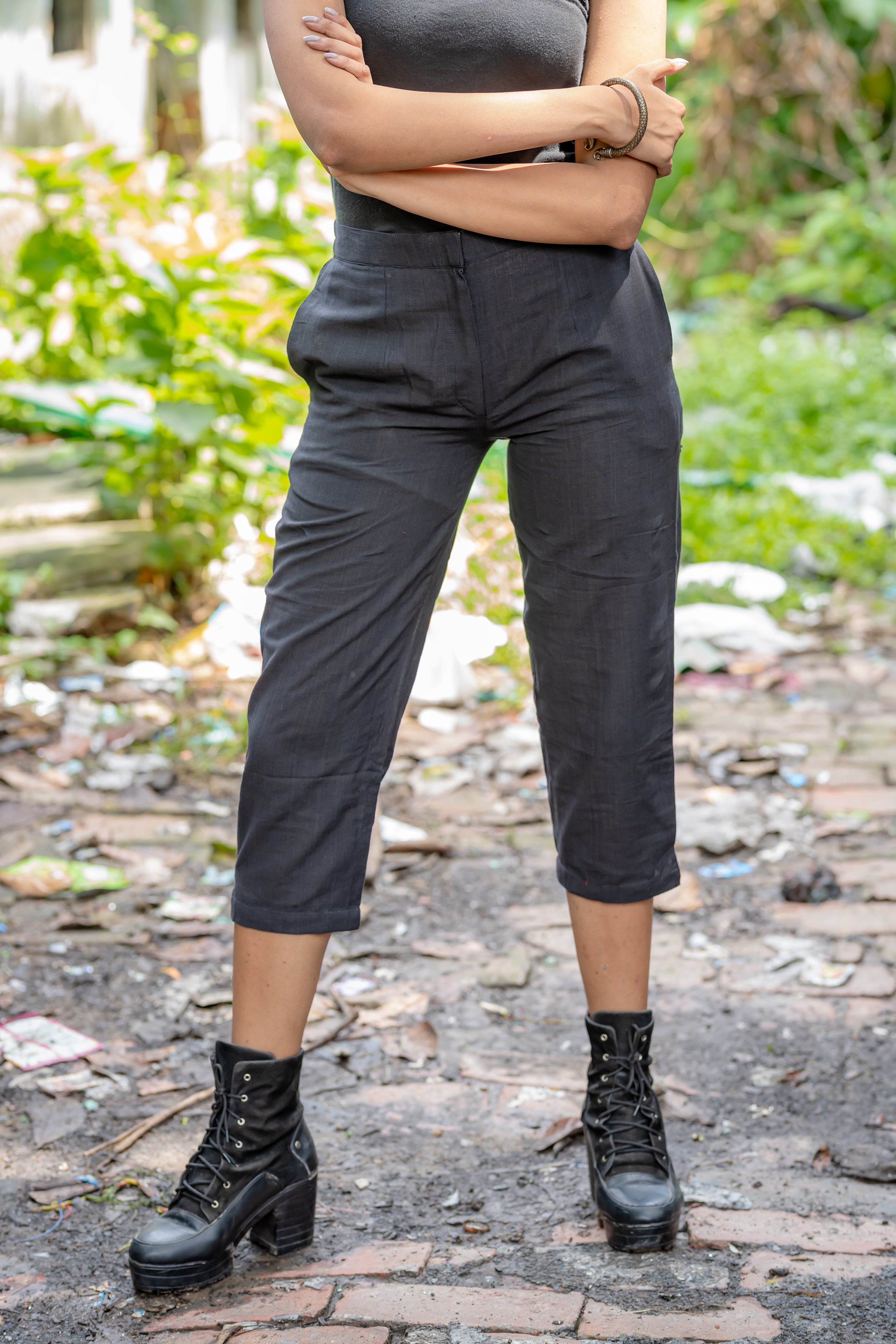 Black Handloom Cotton Trousers : HIJI BIJI