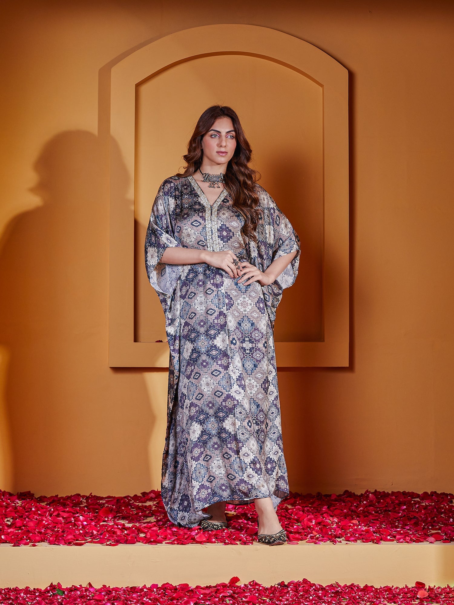 Charcoal Abstract Printed Kaftan Dress