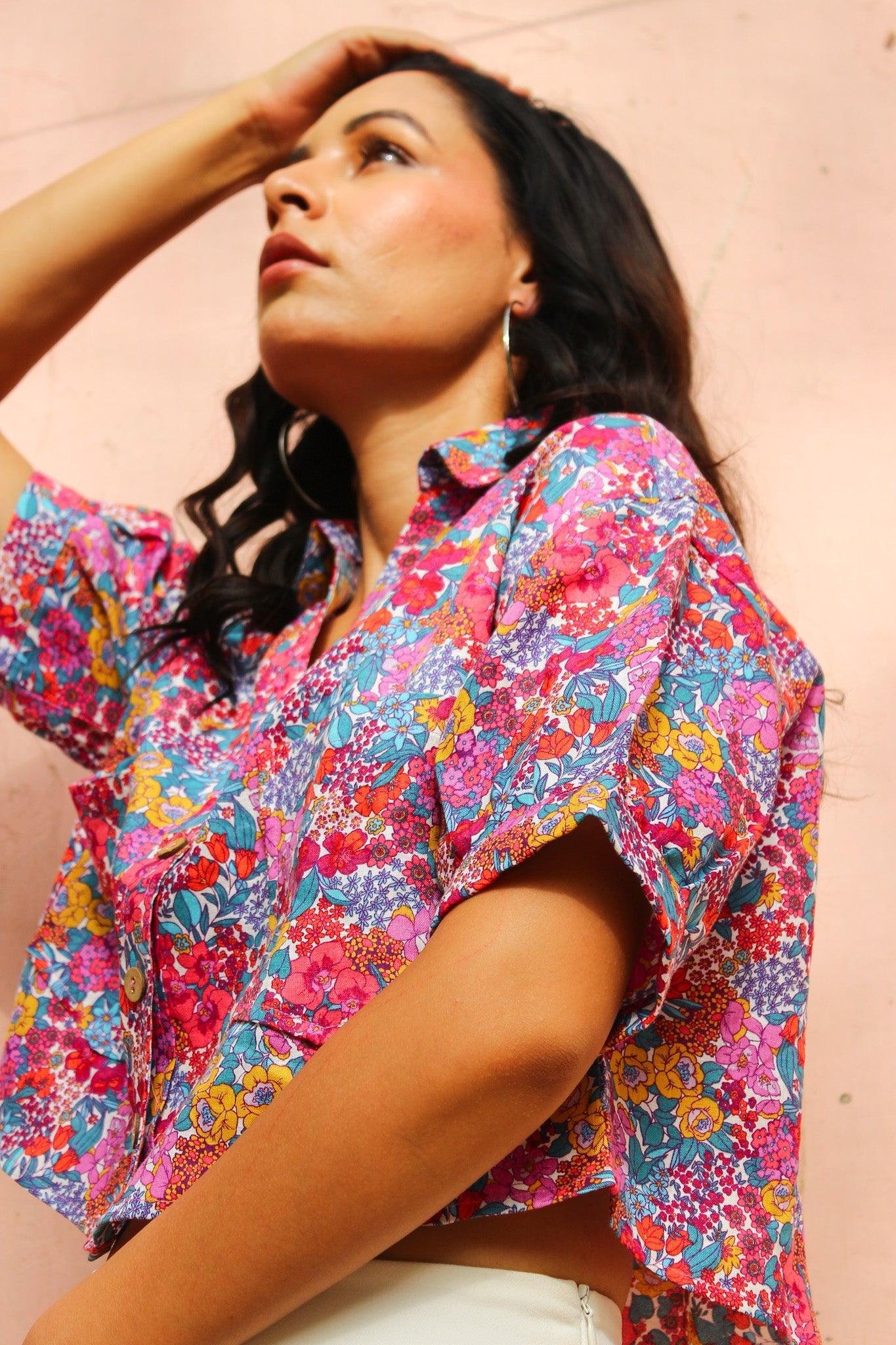 Colourful Floral Linen Crop Top