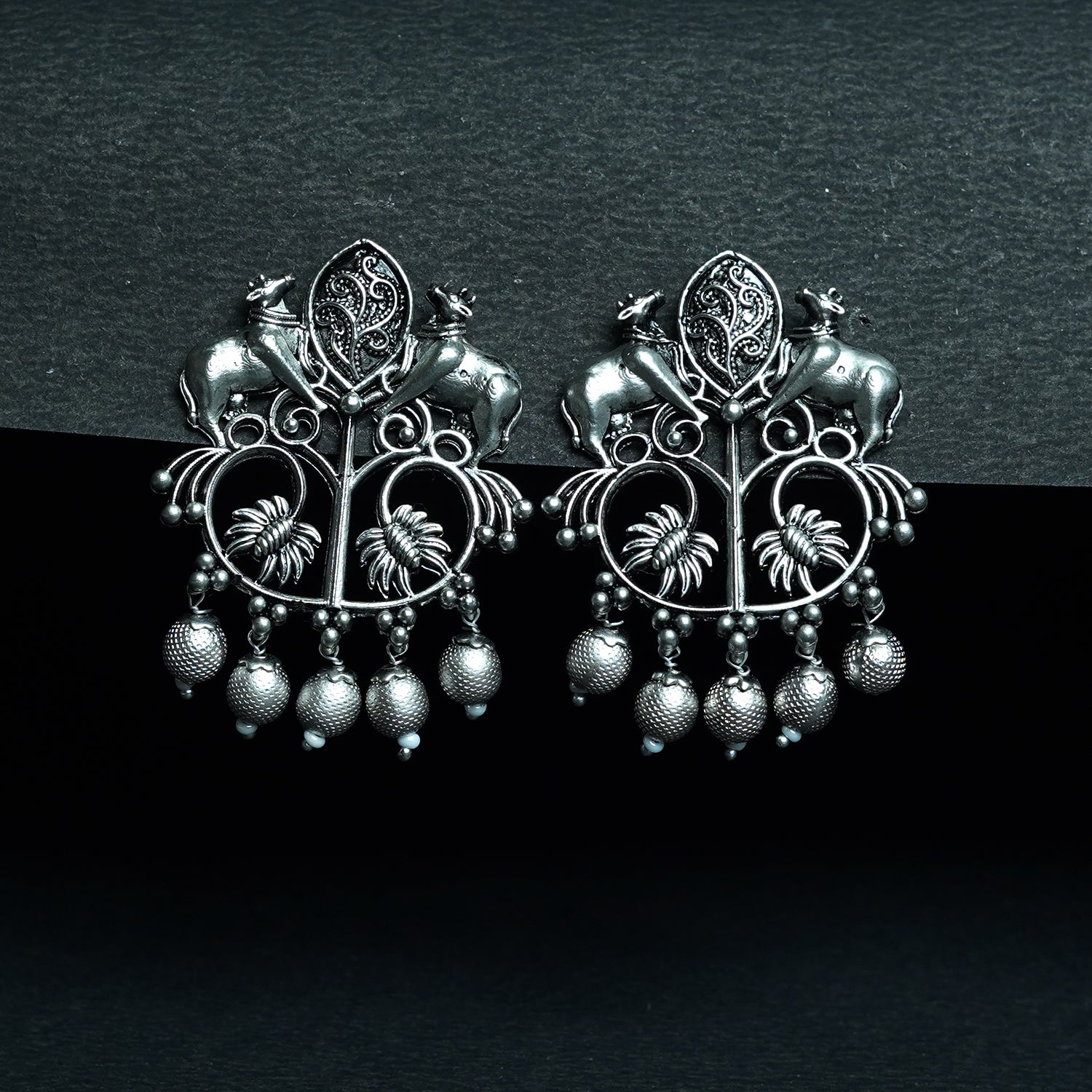 Oxidised Silver-Tone Cow Motif Dangler Earrings with Beads – Antique Statement Jewelry