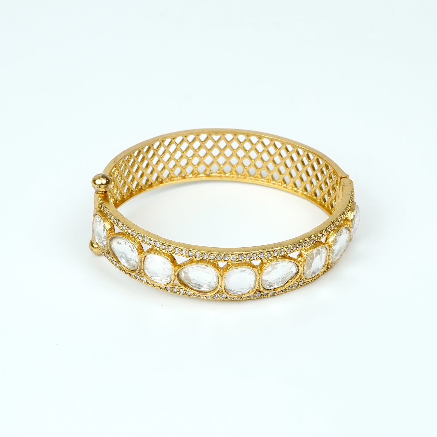 22K Gold-Plated Handcrafted Kundan & Zirconia Studded Openable Bangle-Style Bracelet with Textured Mesh Design