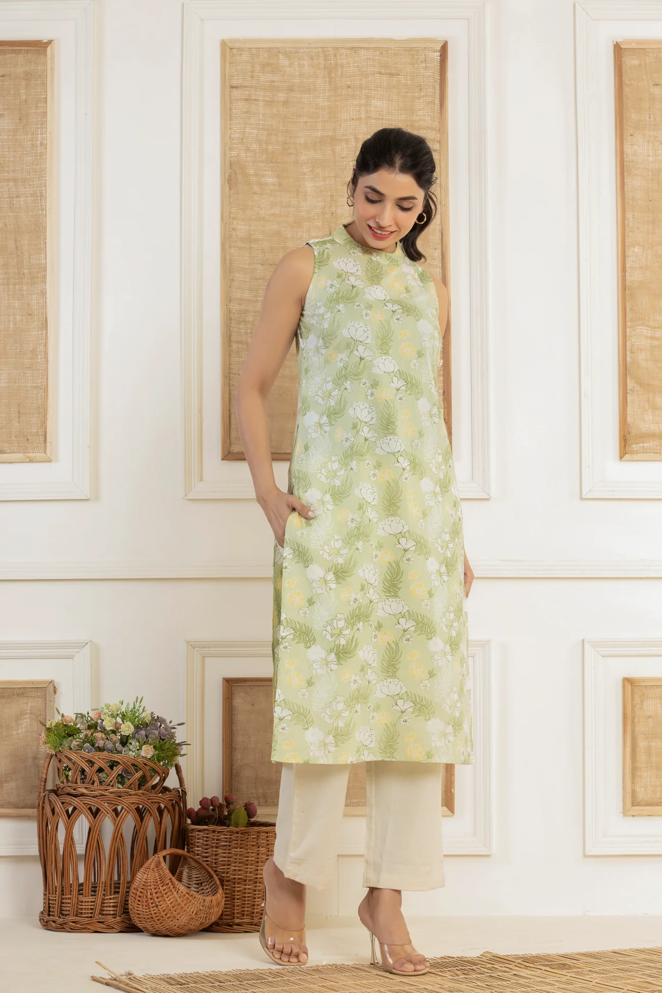 Sleeveless Floral Printed Green Cotton Kurti