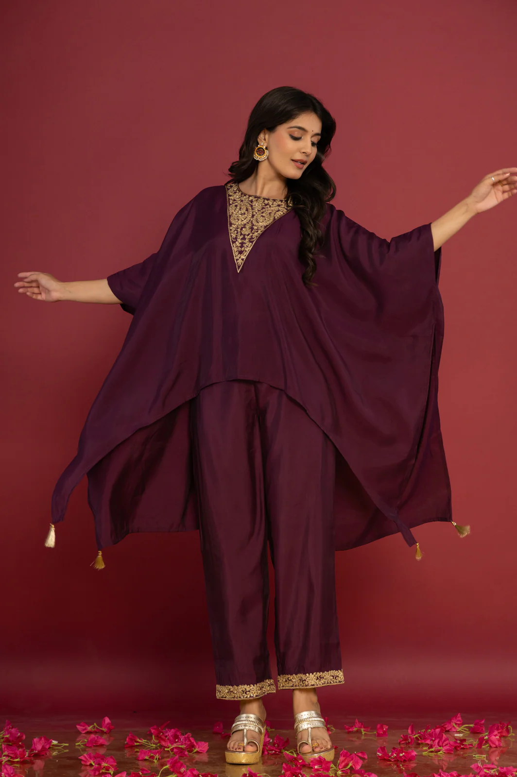 Purple Asymmetric Embroidered Kaftan Set