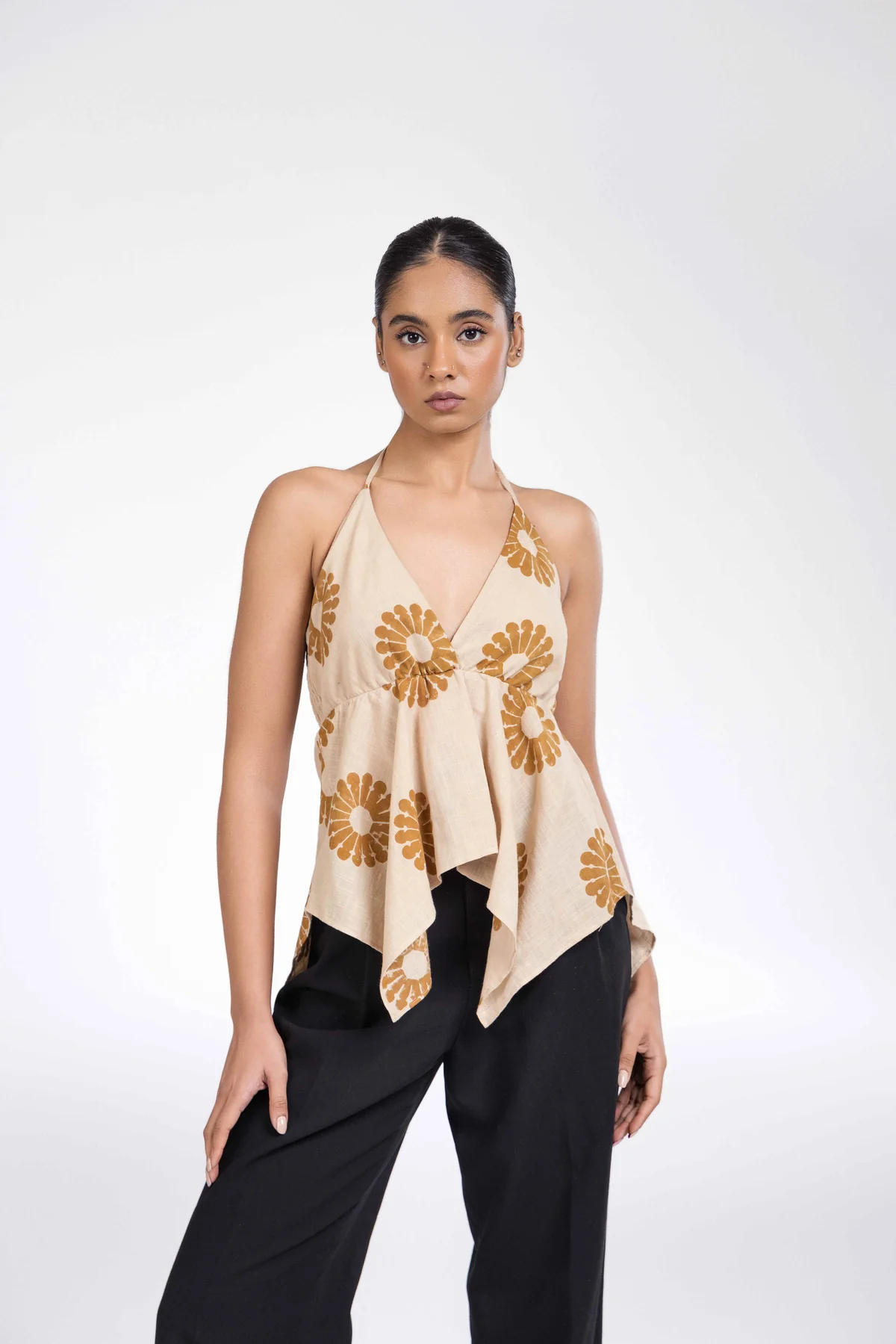 Beige Halter Top With Necktie