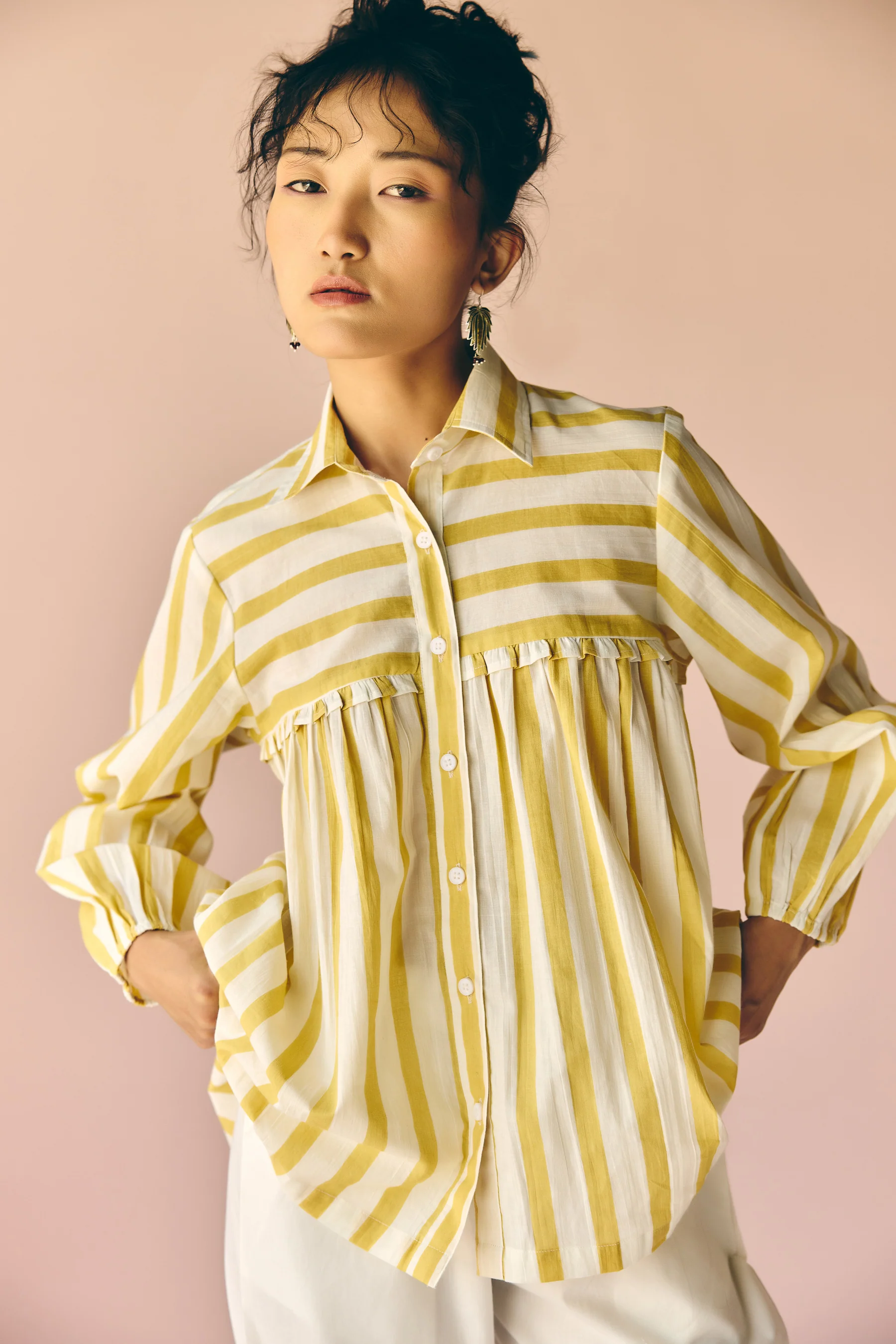 Yellow Stripes Gathered Shirt