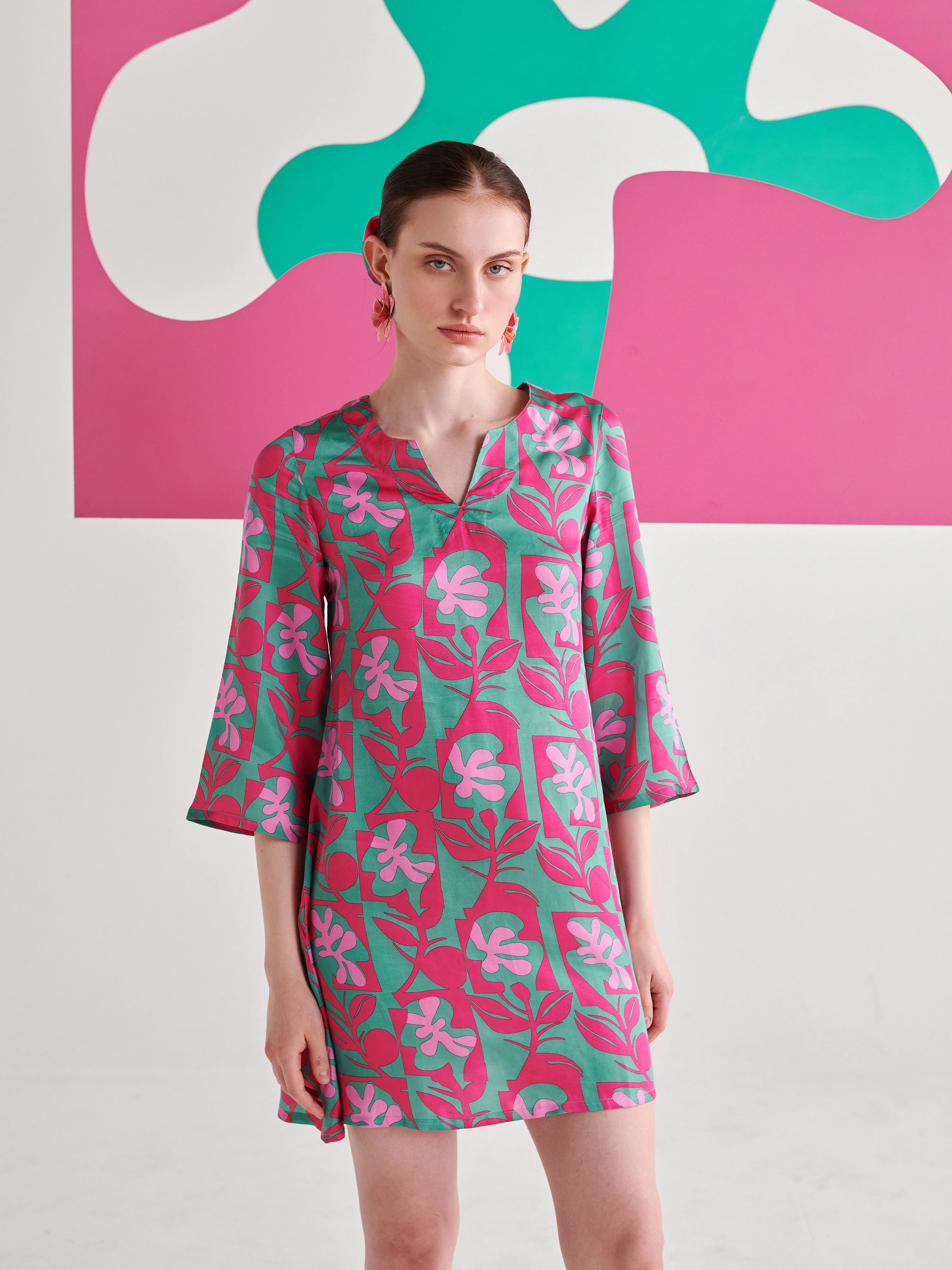 Pink Green Floral Short Dress