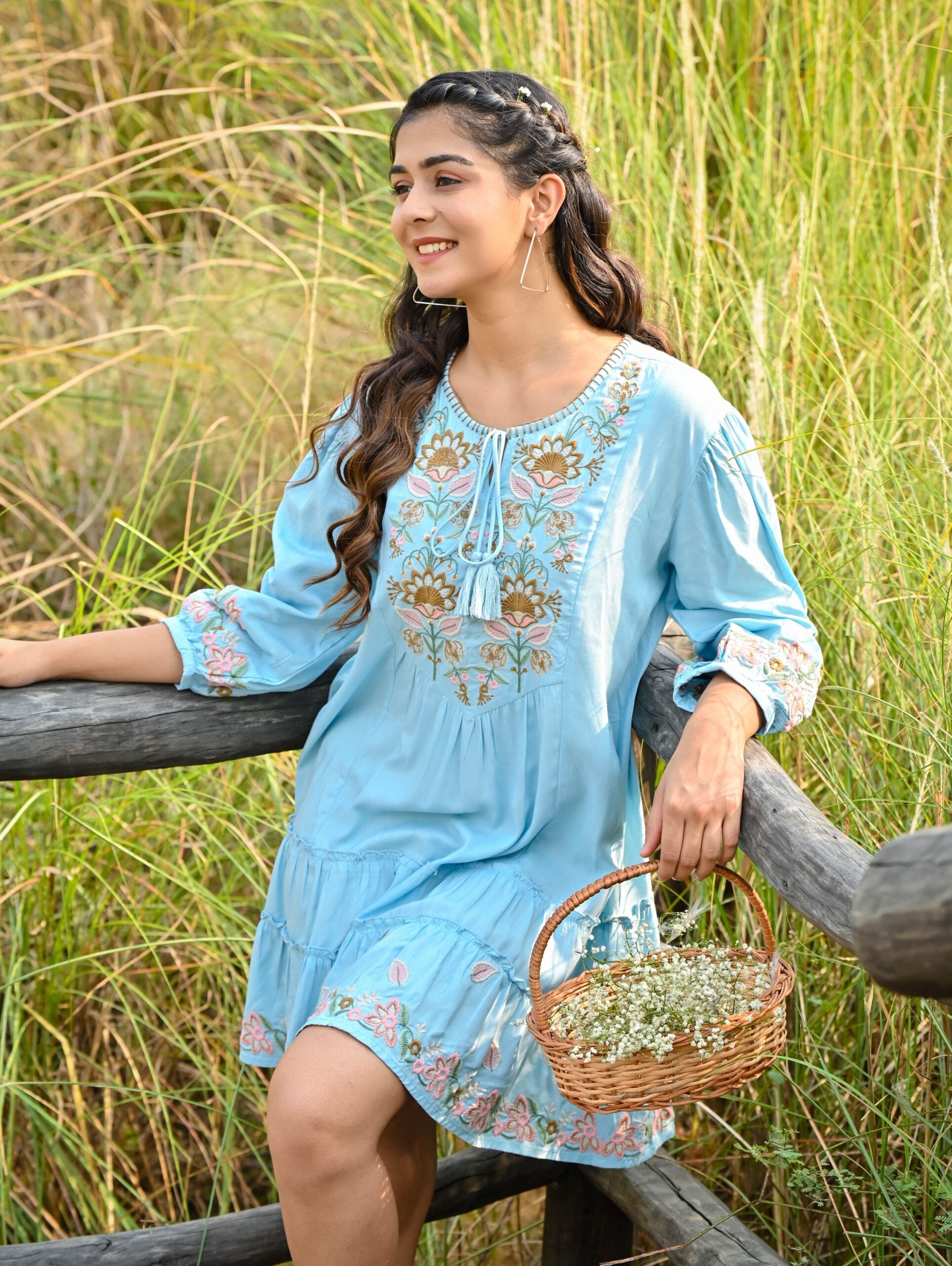 Sky Blue Embroidered Flared Mini Dress