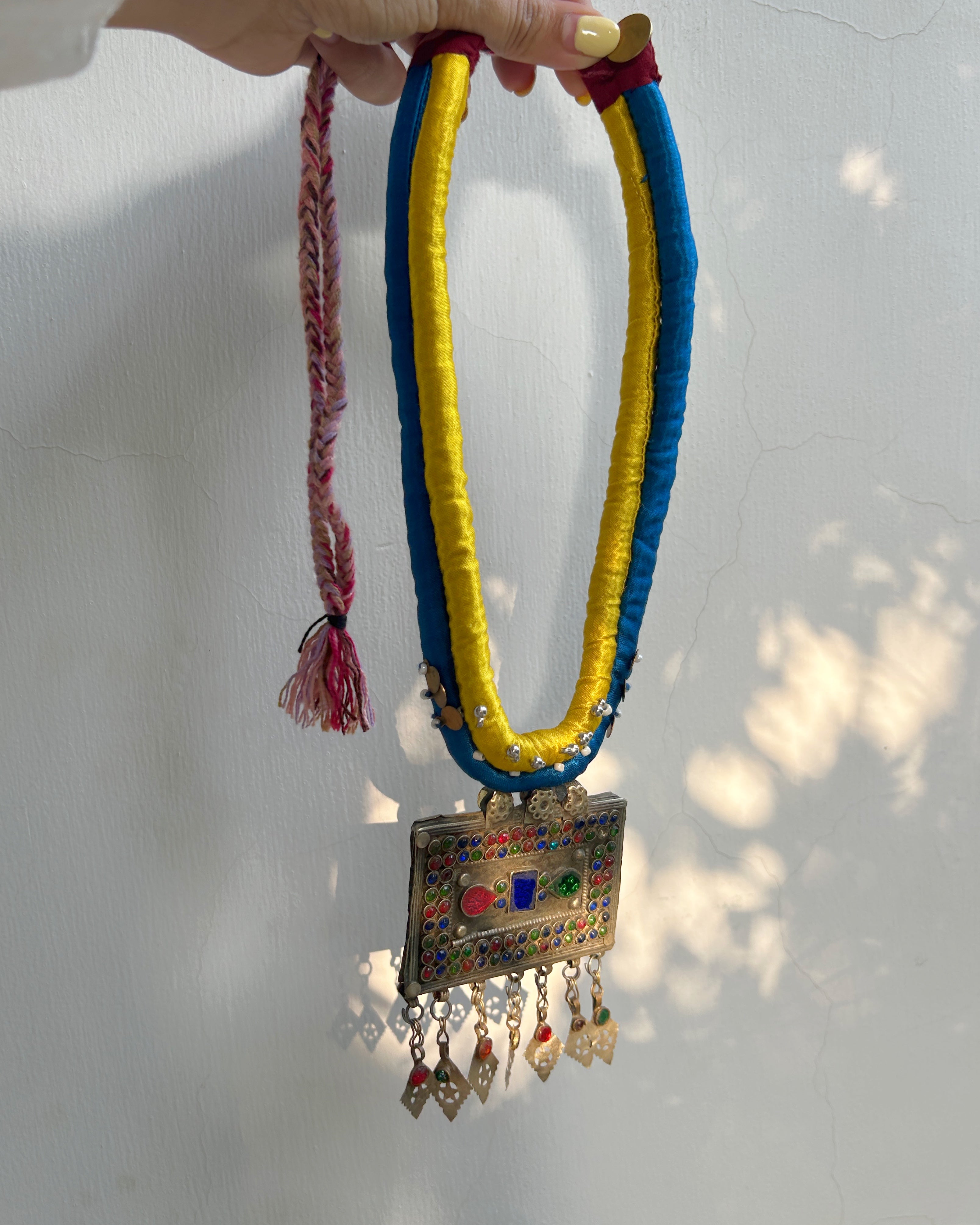 Afghan statement square necklace - Blue yellow cord