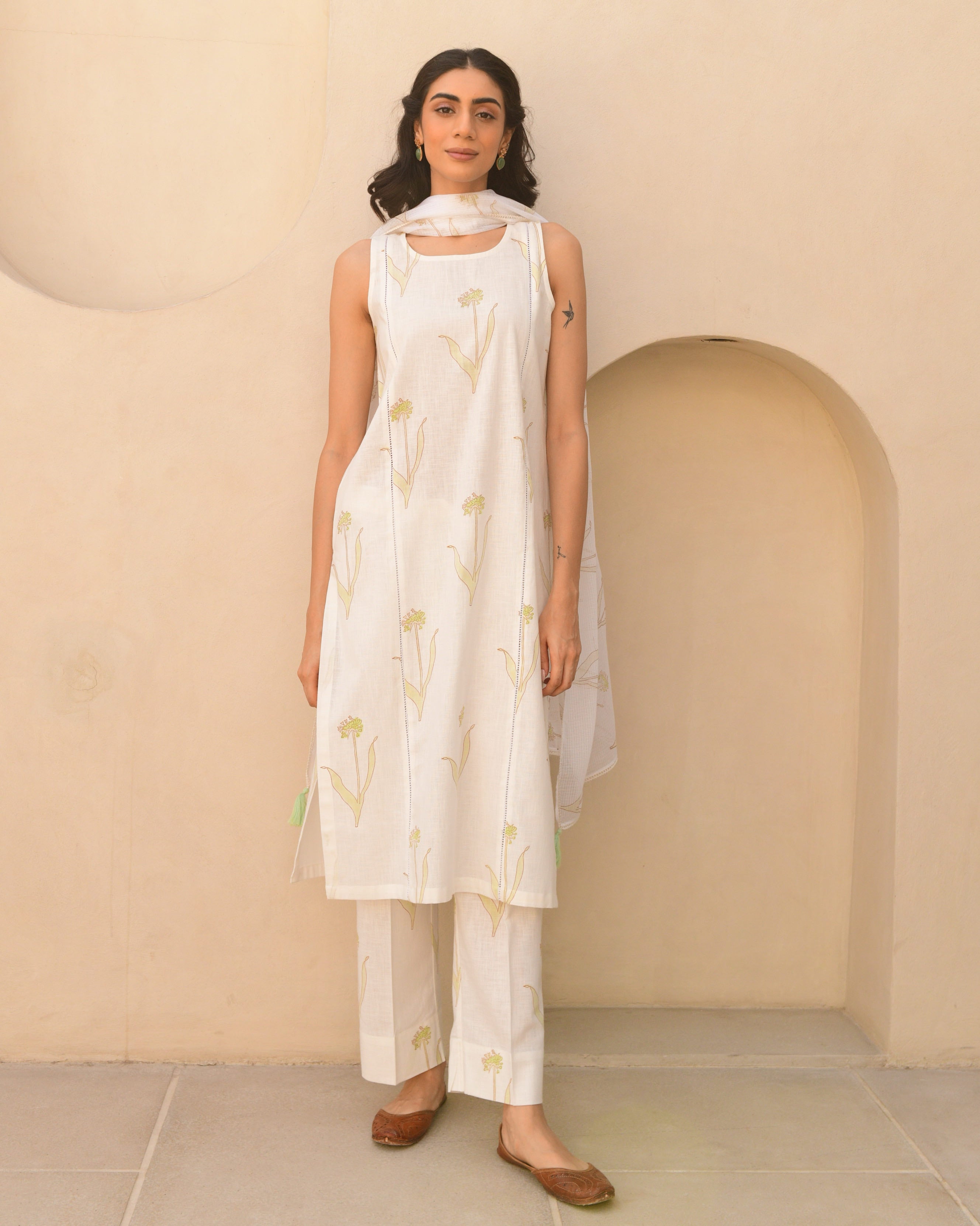 Green cotton handblockprinted straight kurta set of 3