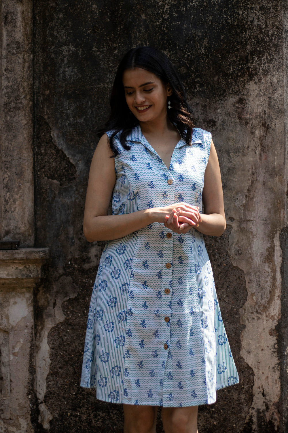 Peacock Blue Floral Dress in Lyocell Linen