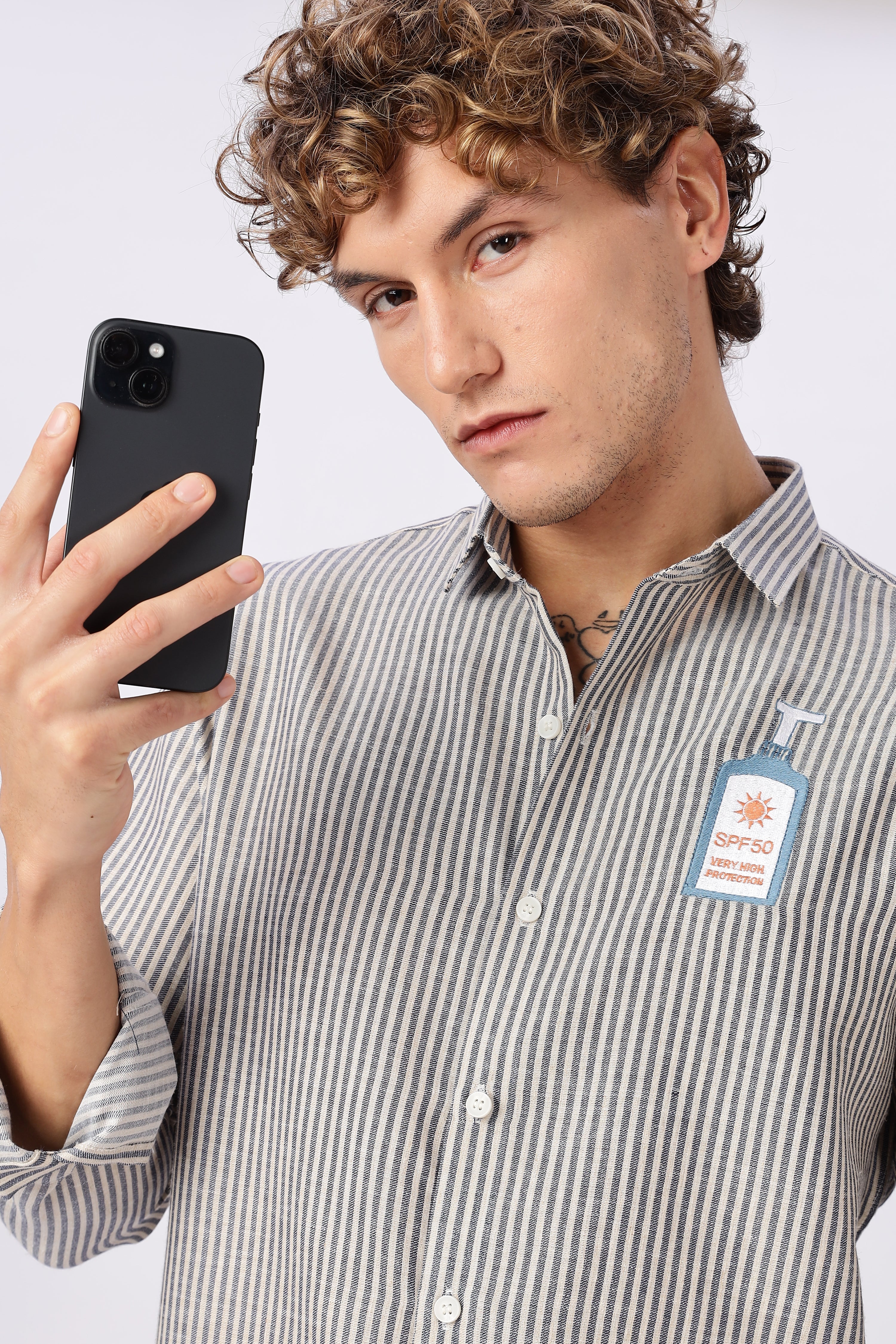 Certified Sunblocker Embroidery Striped Shirt