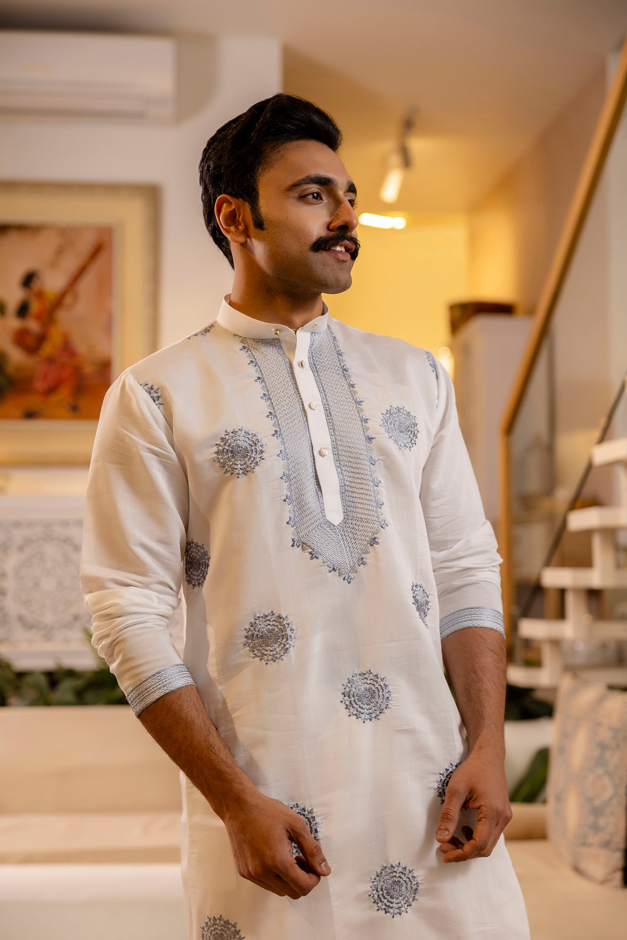 Blue Thread work Embroidery Men's Kurta with Neckwork by Firangi Yarn - White