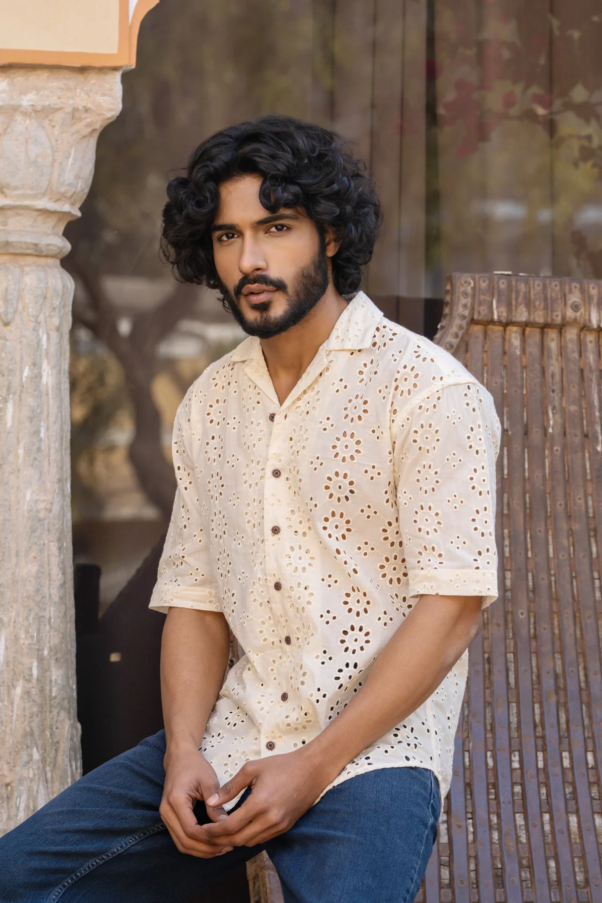 Cutwork Embroidery Shirt Ivory Off-White with Camp Collar