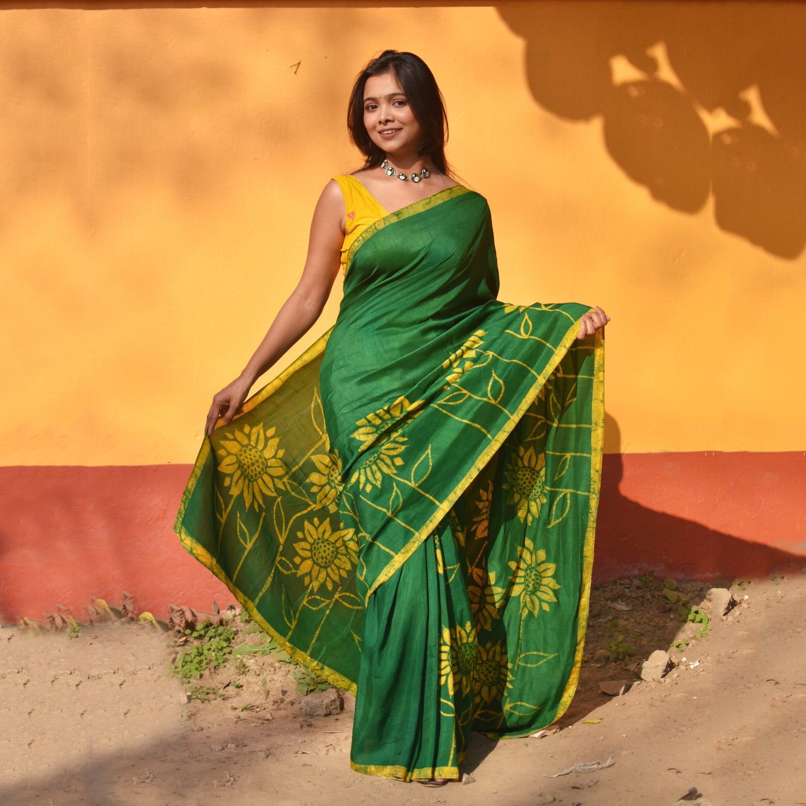 Sunflower Green Handpainted Batik in Silk Saree