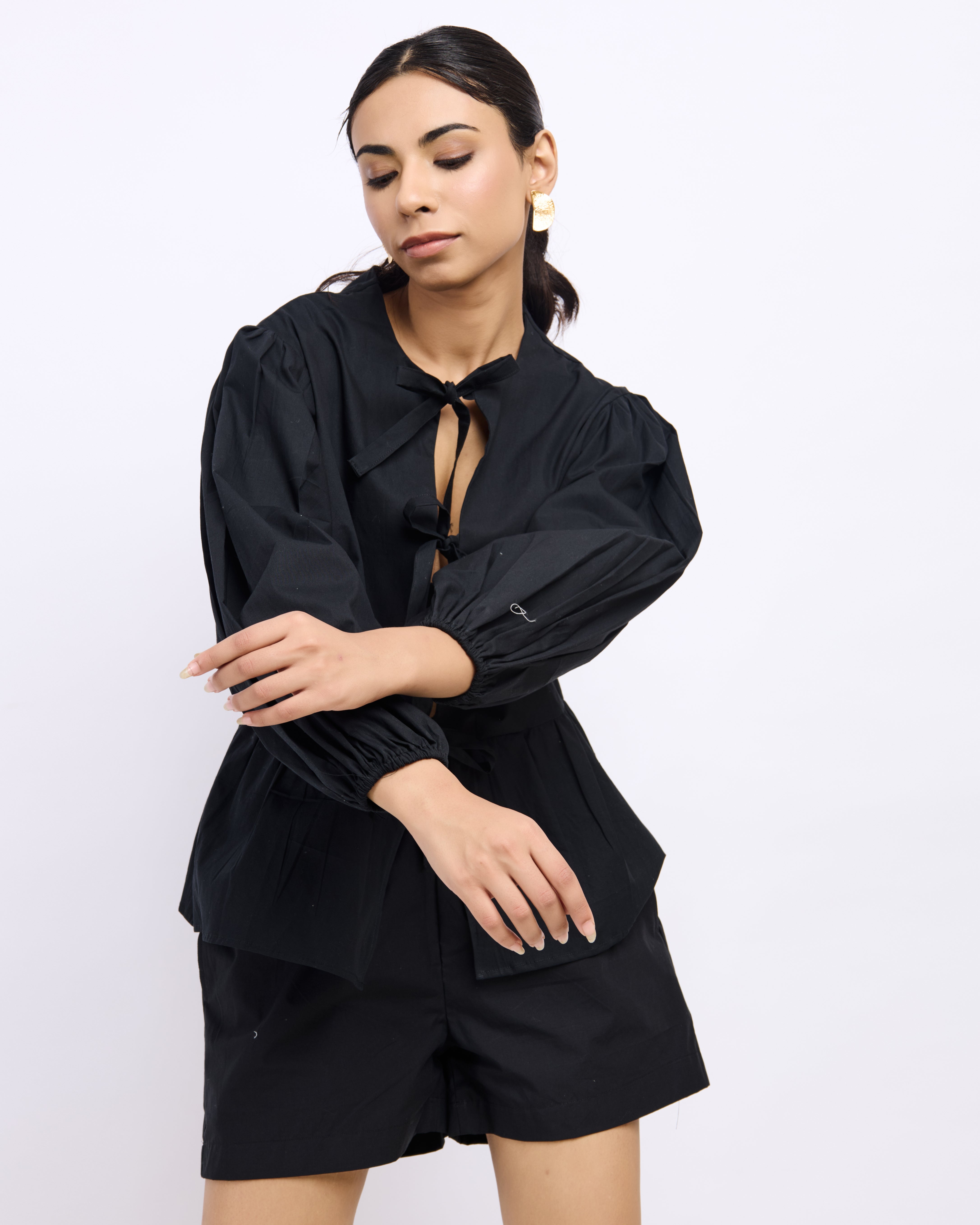 Black Cotton Poplin Bow Top with Balloon Sleeves & Shorts Set