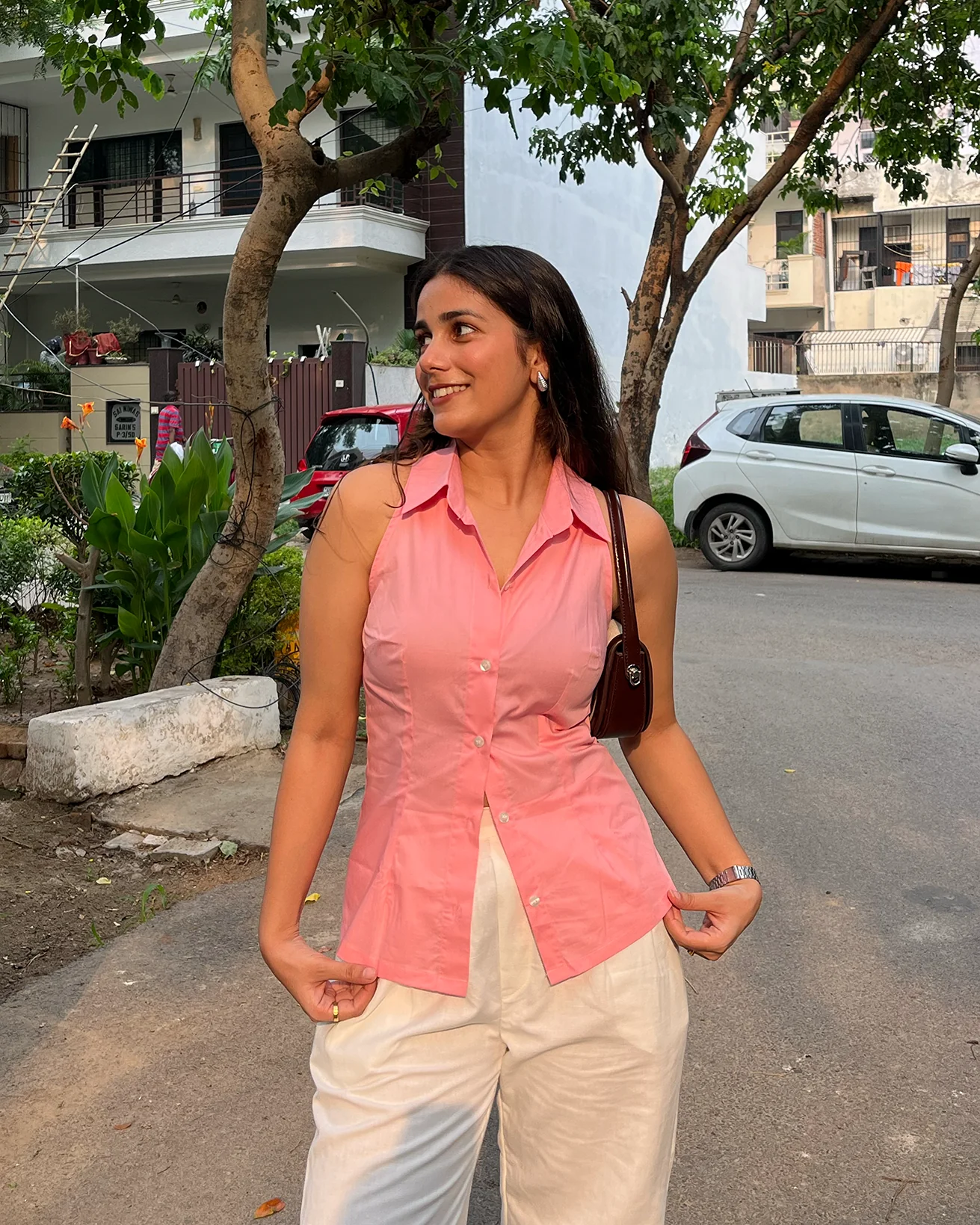 Powder Pink Halter Neck Fitted Shirt – Tie-Back Detail