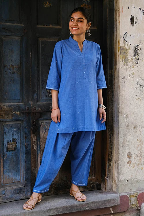 Okhai Ariel Hand-Embroidered and Mirrorwork Blue Pure Cotton Kurta Salwar Set