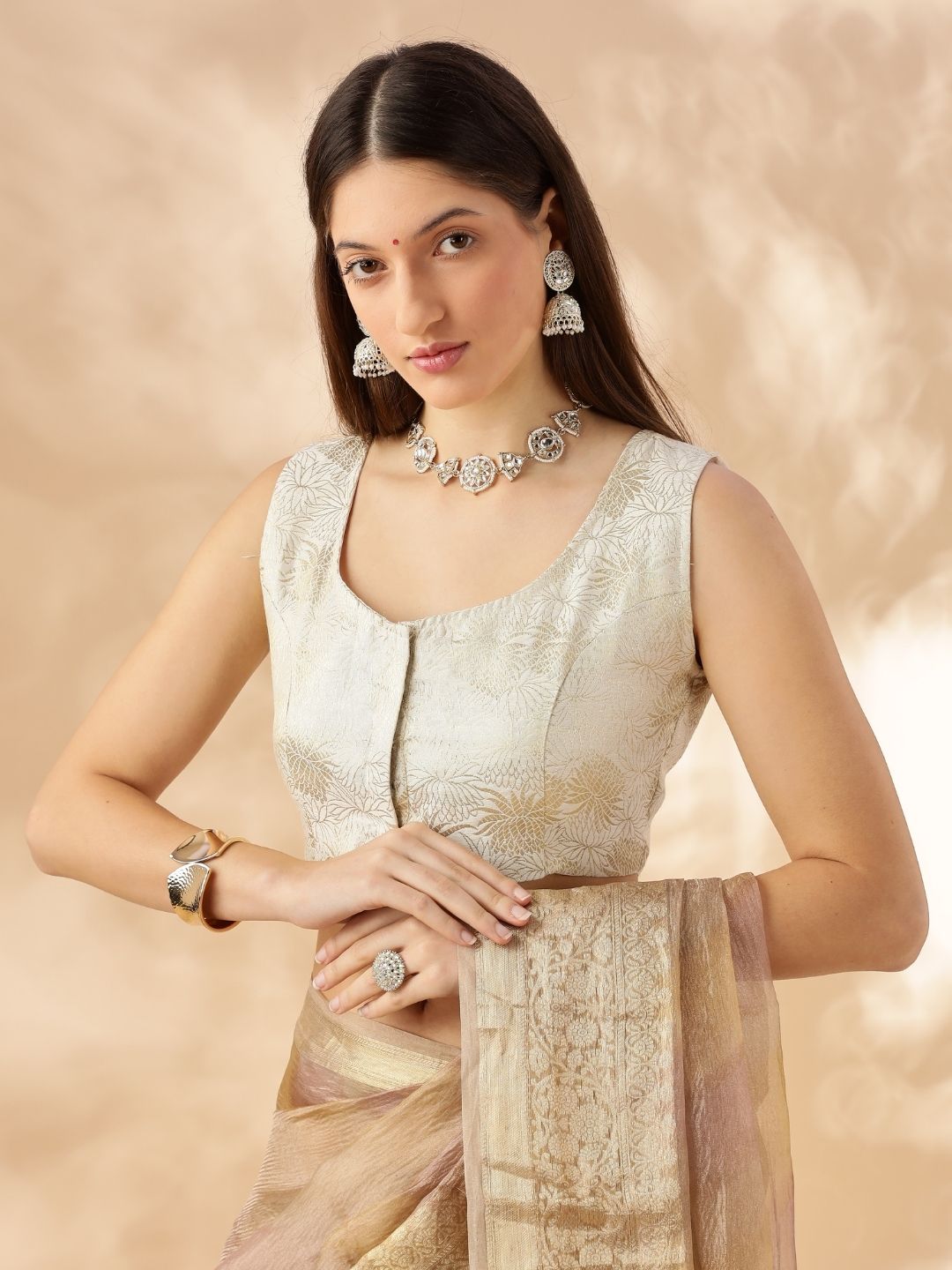 sleeveless deep neck zari banarasi blouse-Cream